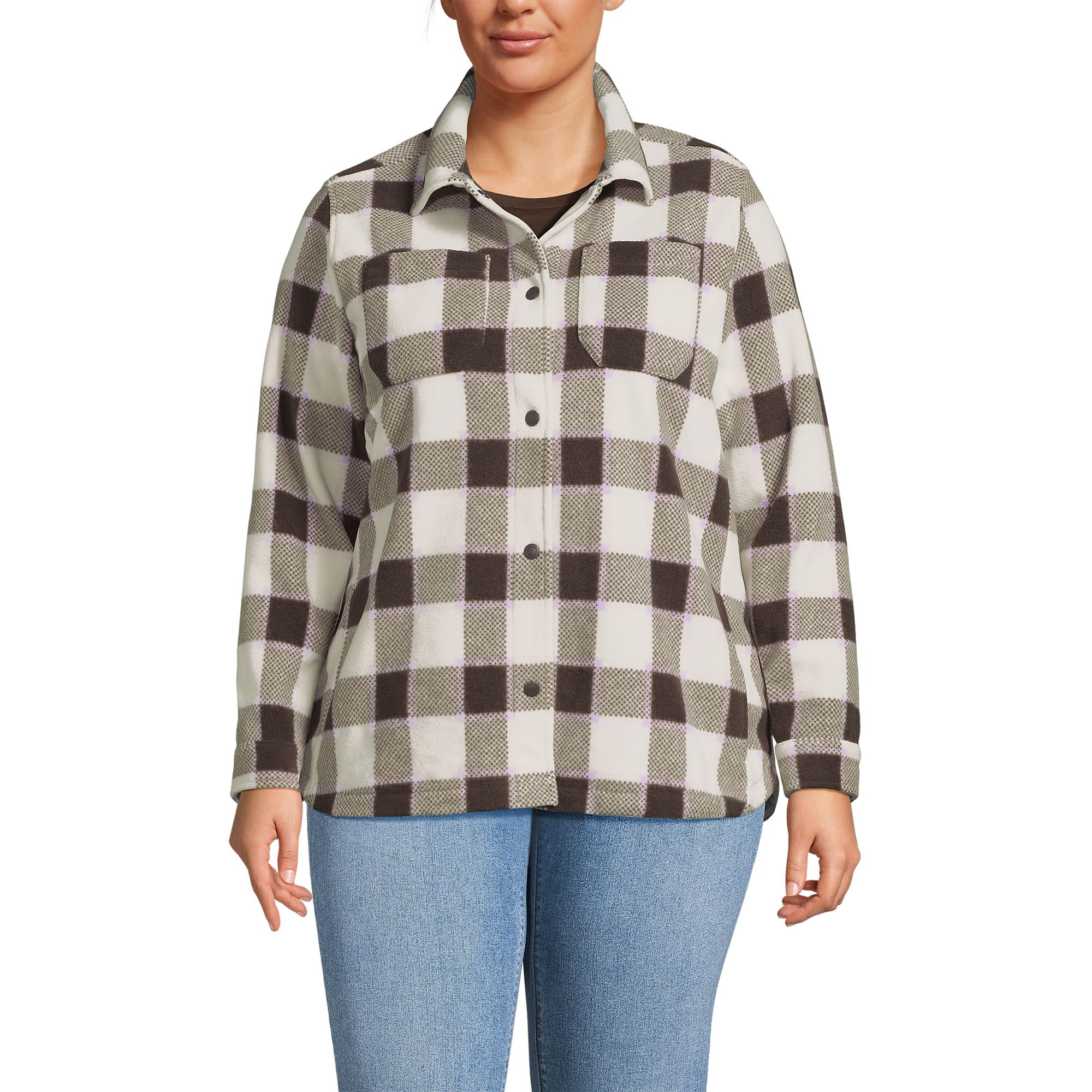 Lands End Womens Plus Size Print Anyweather Fleece Shirt Jacket 3X Lilac Rich Coffee Check