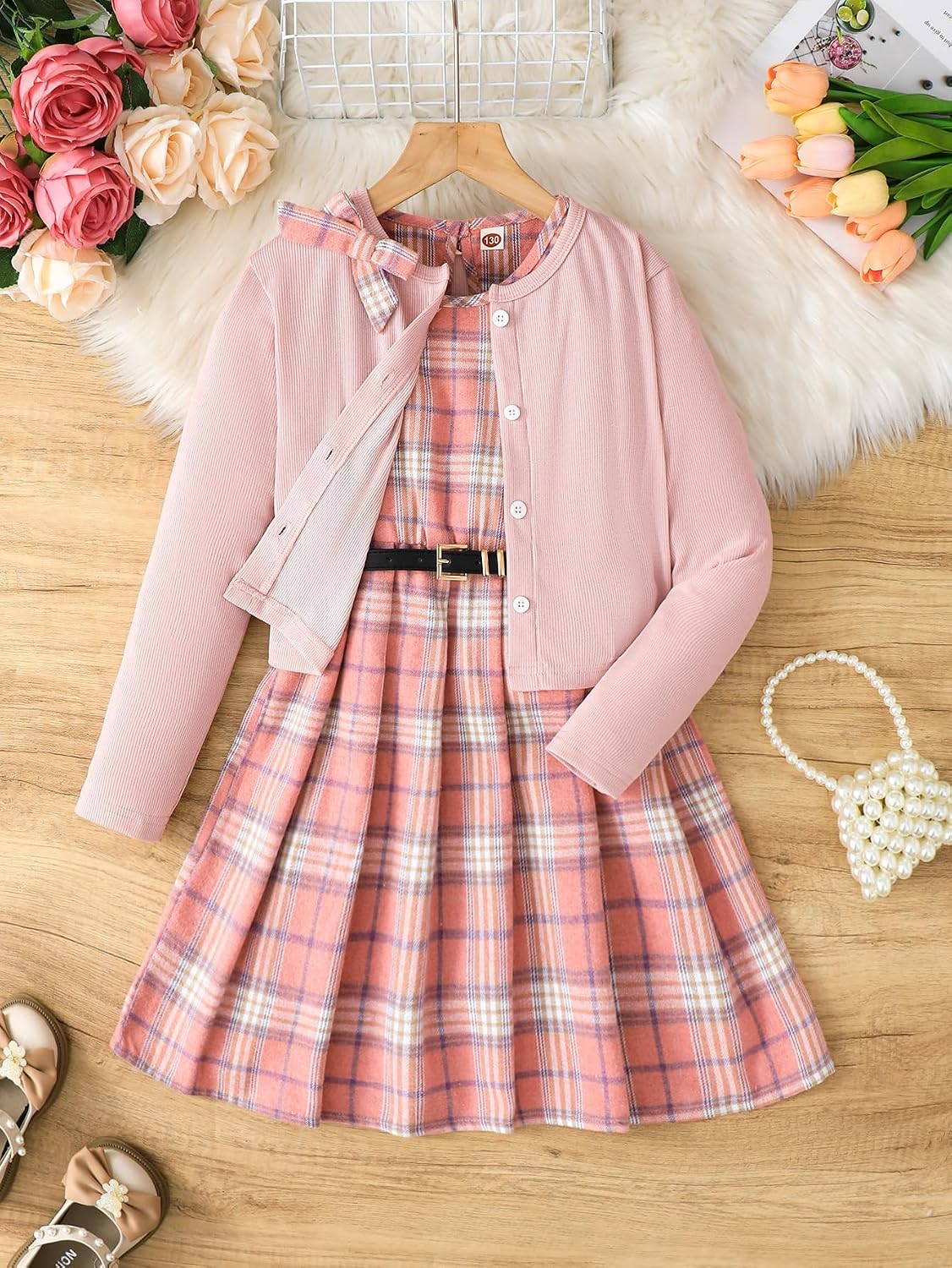 Girls Plaid Dress with Cardigan 3-Piece Outfit Set with Belt Size 7-14