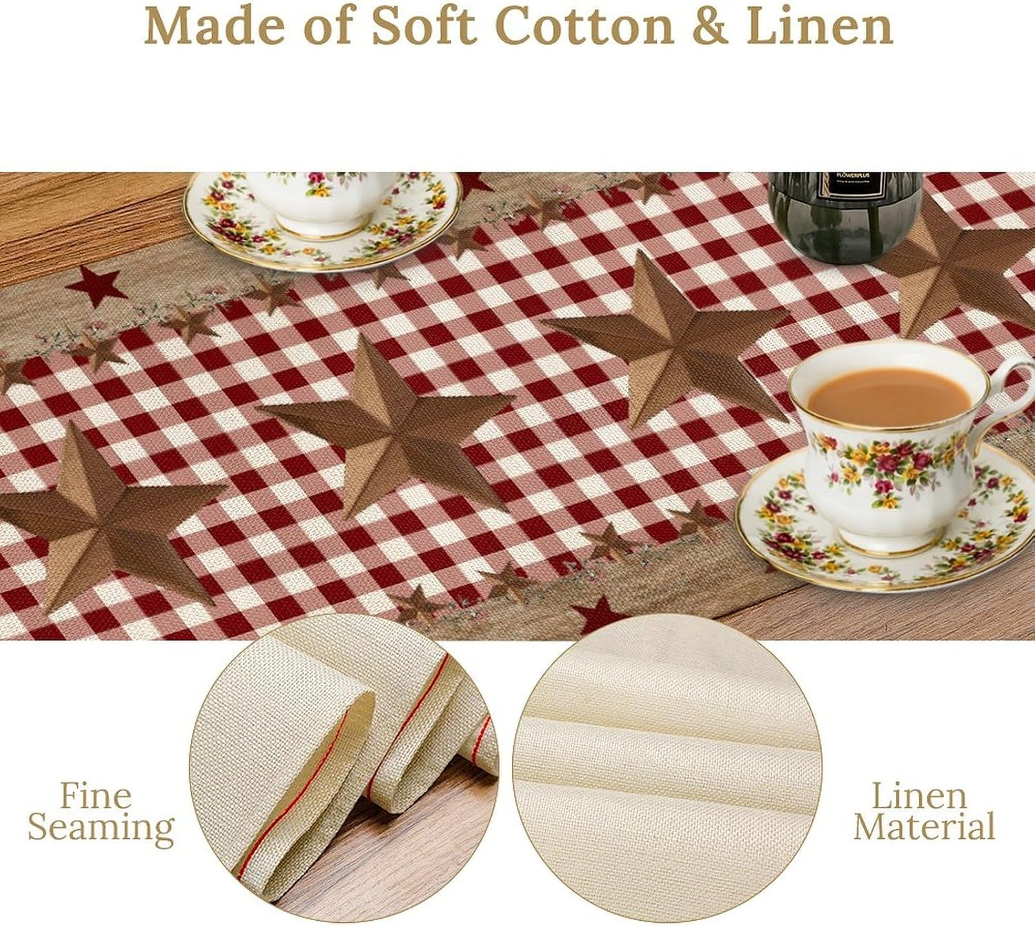 Farmhouse Table Runner, Rustic Western Texas Star Red Buffalo Plaid Cottage Country Style Coffee Table Center Decor for Home Kitchen Dining Patio Holiday Party Table Decorations 13x72 inches