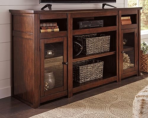 Miniatura 2 de Signature Design by Ashley Harpan Soporte de TV tradicional para televisores de hasta 70 pulgadas, 3 estantes ajustables, 2 gabinetes de