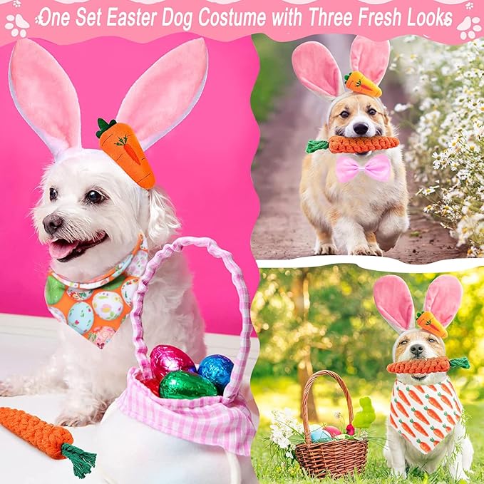 4 Disfraces de Conejo de Pascua para Perro - Orejas, Bandana, Corbata y Juguete miniatura 2