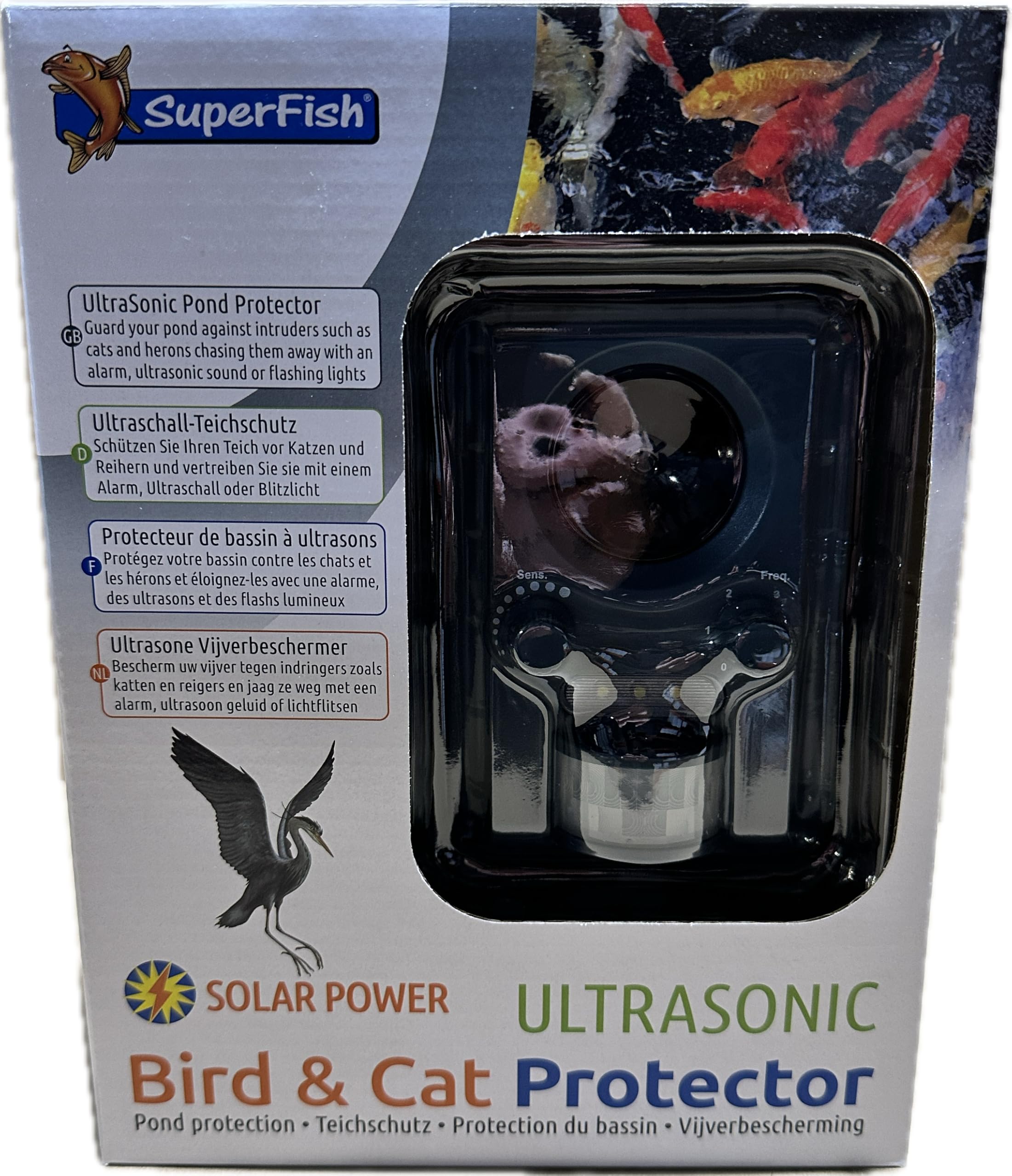 Superfish Ultrasonic Bird & Cat Protector - Heron Deterrent with Alarm, Ultrasonic Sound and Flashing LED Lights