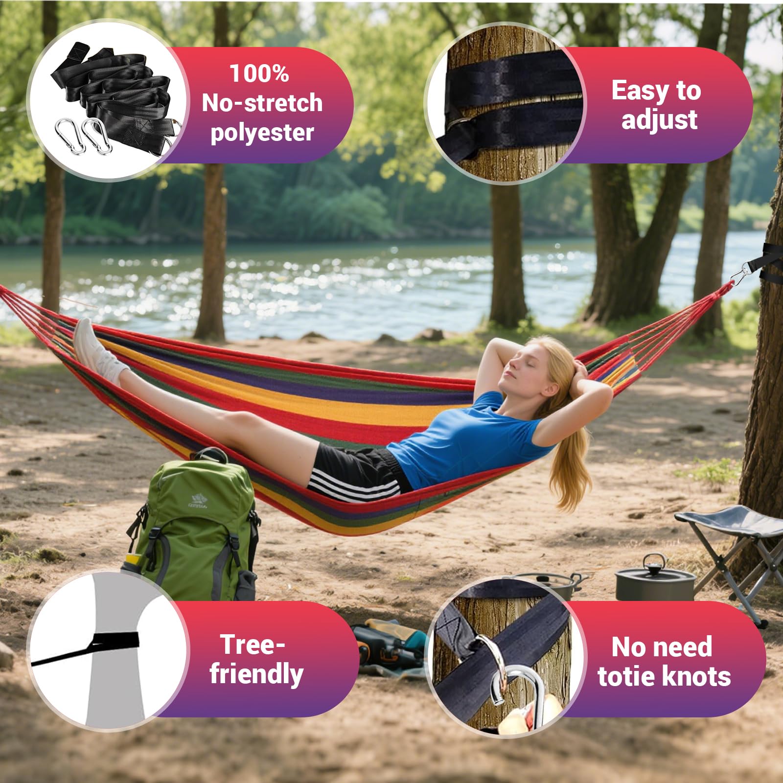 Hamac de Camping Extérieur, Hamac Double 200x150cm, Capacité de Charge 250kg, avec Sac de Transport, Sangles en Nylon et Mousquetons, pour Camping, Jardin, Plage, Intérieur, Balcon, Voyage
