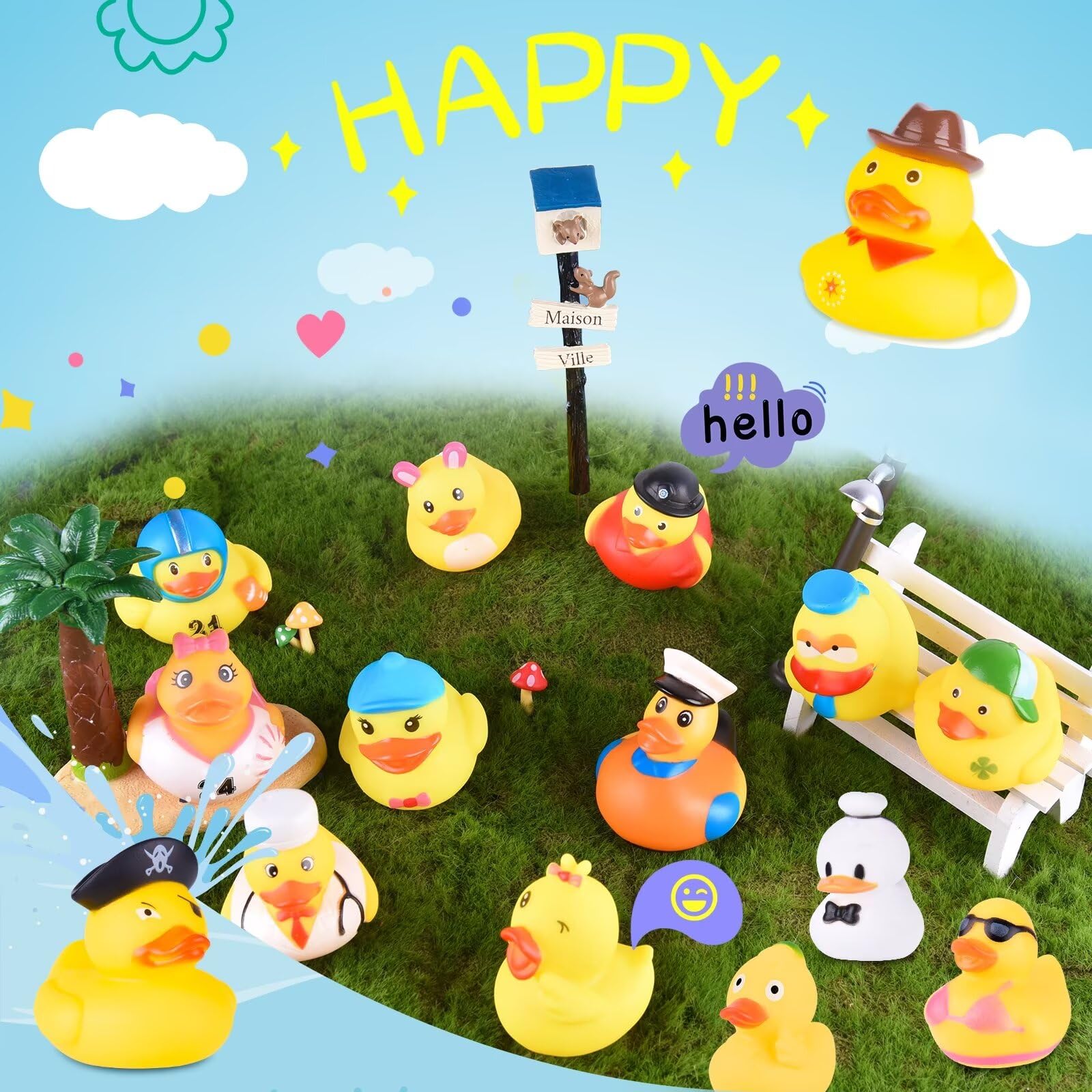 Paquete de 35 patos de goma en surtido a granel, patos Jeep para patos, pequeños patos de goma para bebés pequeños, juguetes de baño de patos, juguetes de piscina, regalos de fiesta para niños con