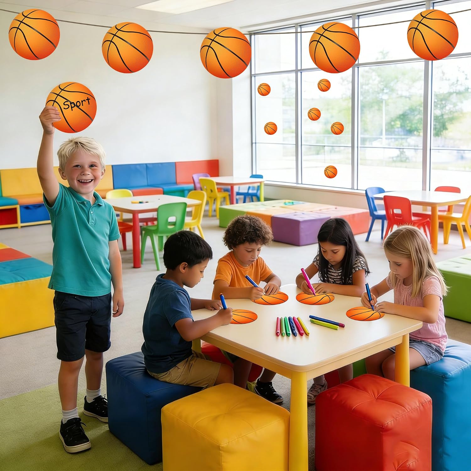 25 Pcs Double-Sided Basketball Cutouts, 7.9 in Large Paper Decorations for Classroom Bulletin Board, Door & Wall, Sports Party Decor, Includes Glue Dots