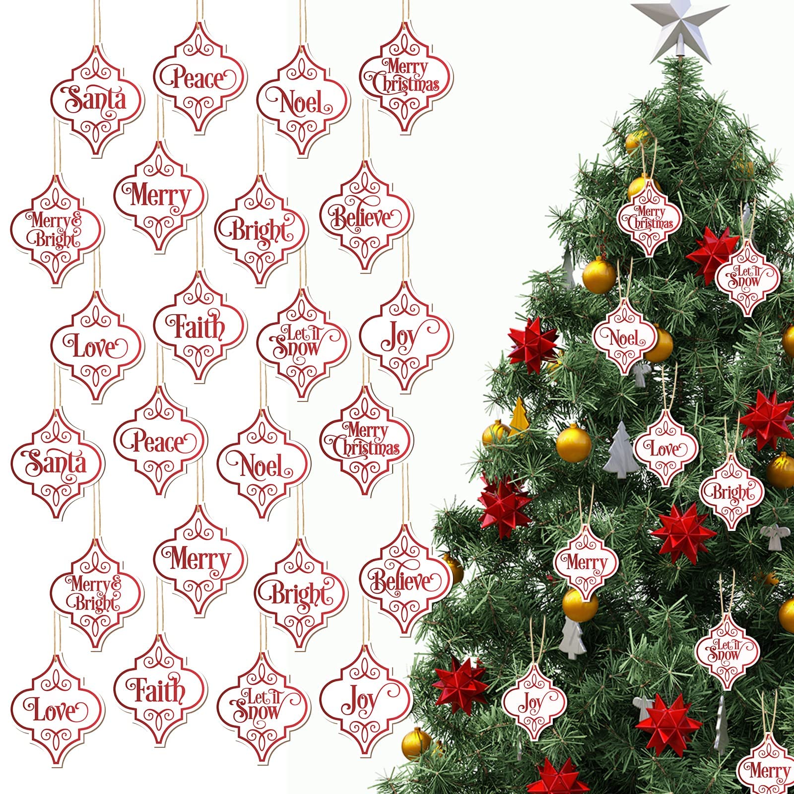 Photo 1 of 24 Pieces Christmas Wooden Ornament Set Christmas Wish Tree Hanging Slices Crafts Red Wood Tags Farmhouse Ornament Faith Joy Love Merry Believe Peace Christmas Decorations Merry Christmas