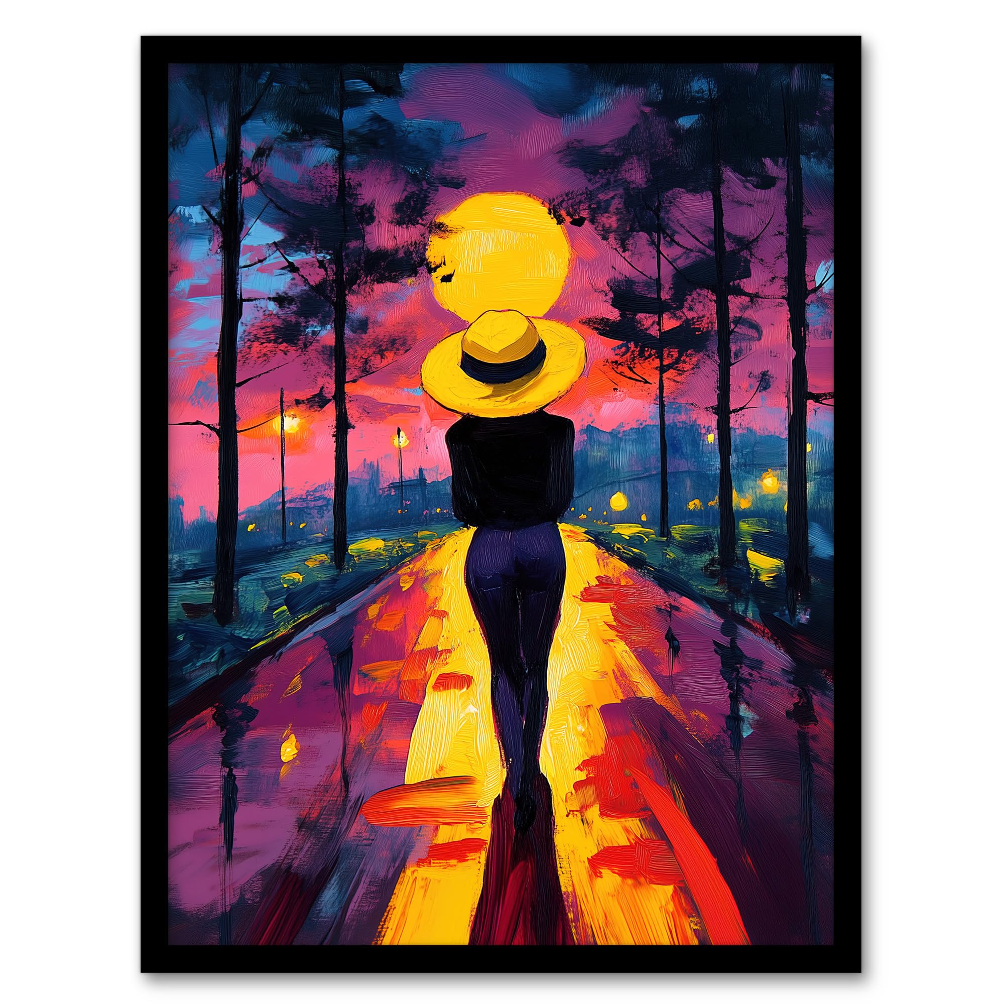 Artery8 Woman Walk Into Sunset Colourful Vibrant Painting Living Room Artwork Framed Wall Art Print A4