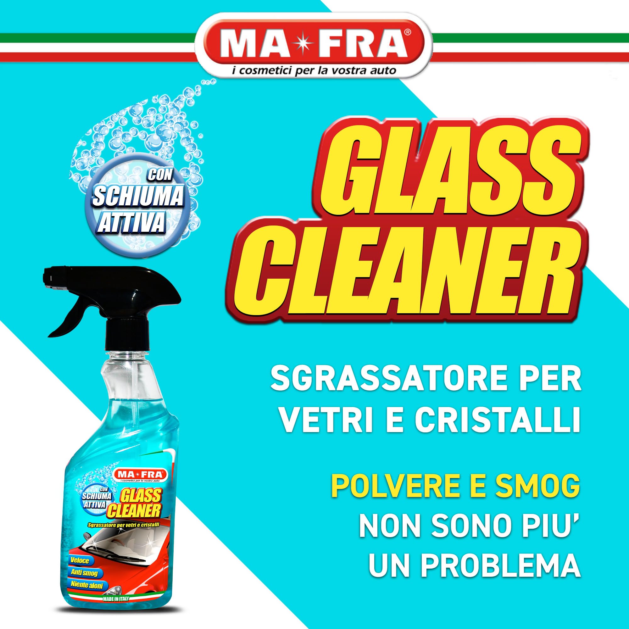 Ma-Fra, Glass Cleaner, Sgrassatore per Vetri e Cristalli, Ideale per la Pulizia dei Vetri Auto, Migliora la visibilità alla Guida, Elimina Ditate e Tracce di Smog, Non Rilascia Residui o Aloni, 500ml