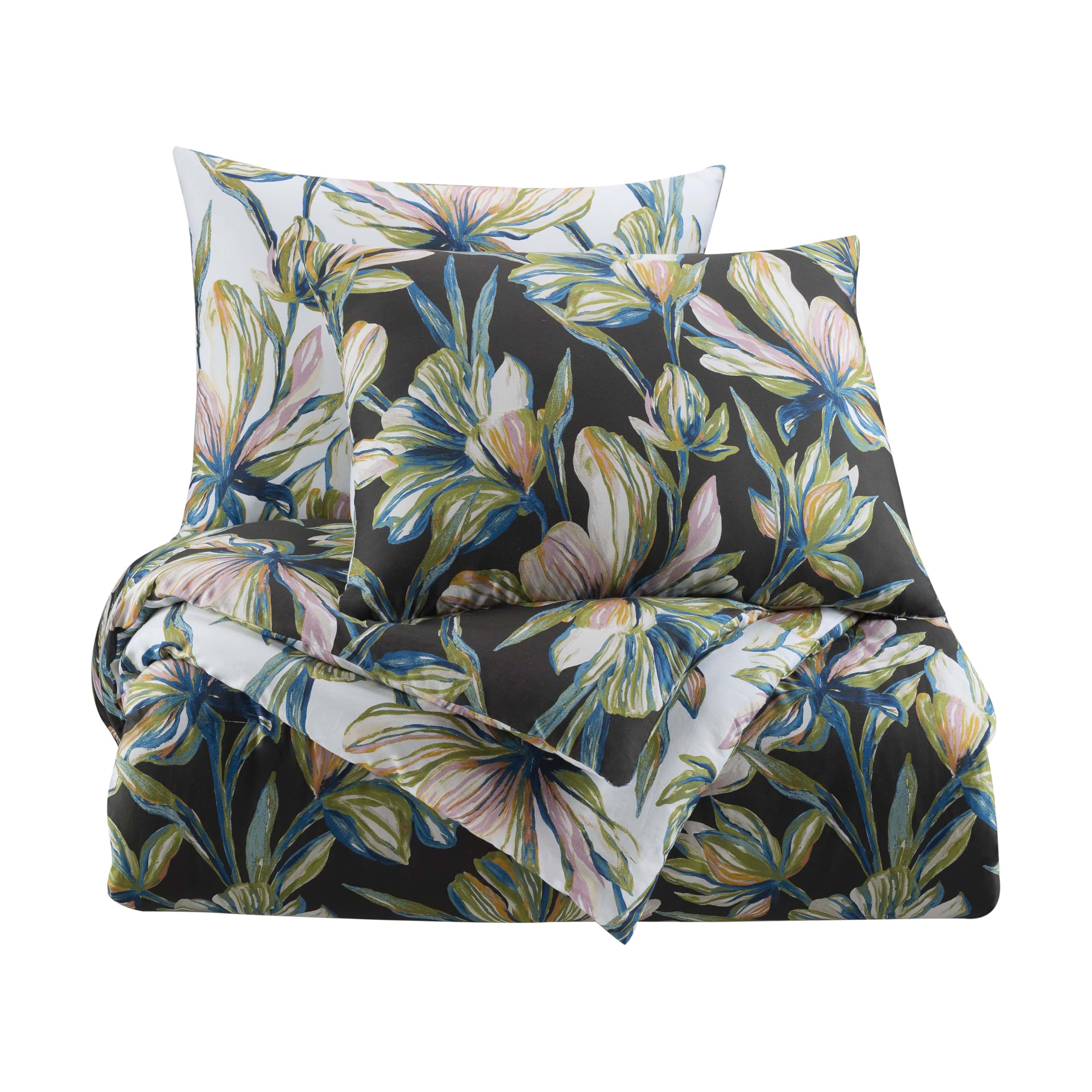 Martex Expression Lordes 2-Piece Twin Comforter Set – 100% Cotton Reversible Multi-Color Botanical Bedding – All-Season Down Alternative Fill – Breathable & Lightweight - Black