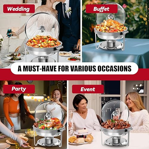 Miniatura 9 de Juego de 2 platos para bufé, de acero inoxidable redondo de 5 cuartos de galón para catering, juegos de chafers mejorados y calentadores de buffet