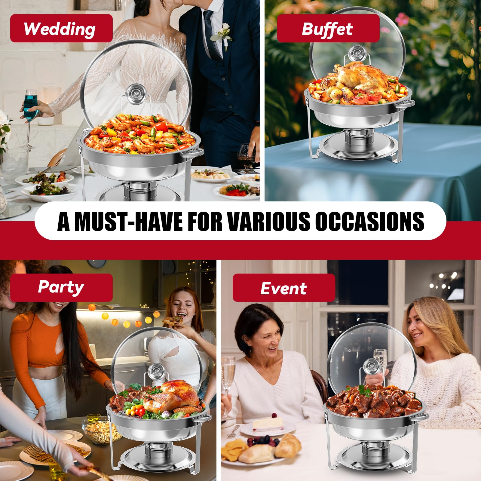 IMACONE Juego de 4 platos de roce redondos de acero inoxidable de 5 cuartos para catering, fogatas mejoradas y calentadores de buffet con tapa de vidrio y soporte, marco, soporte de combustible para