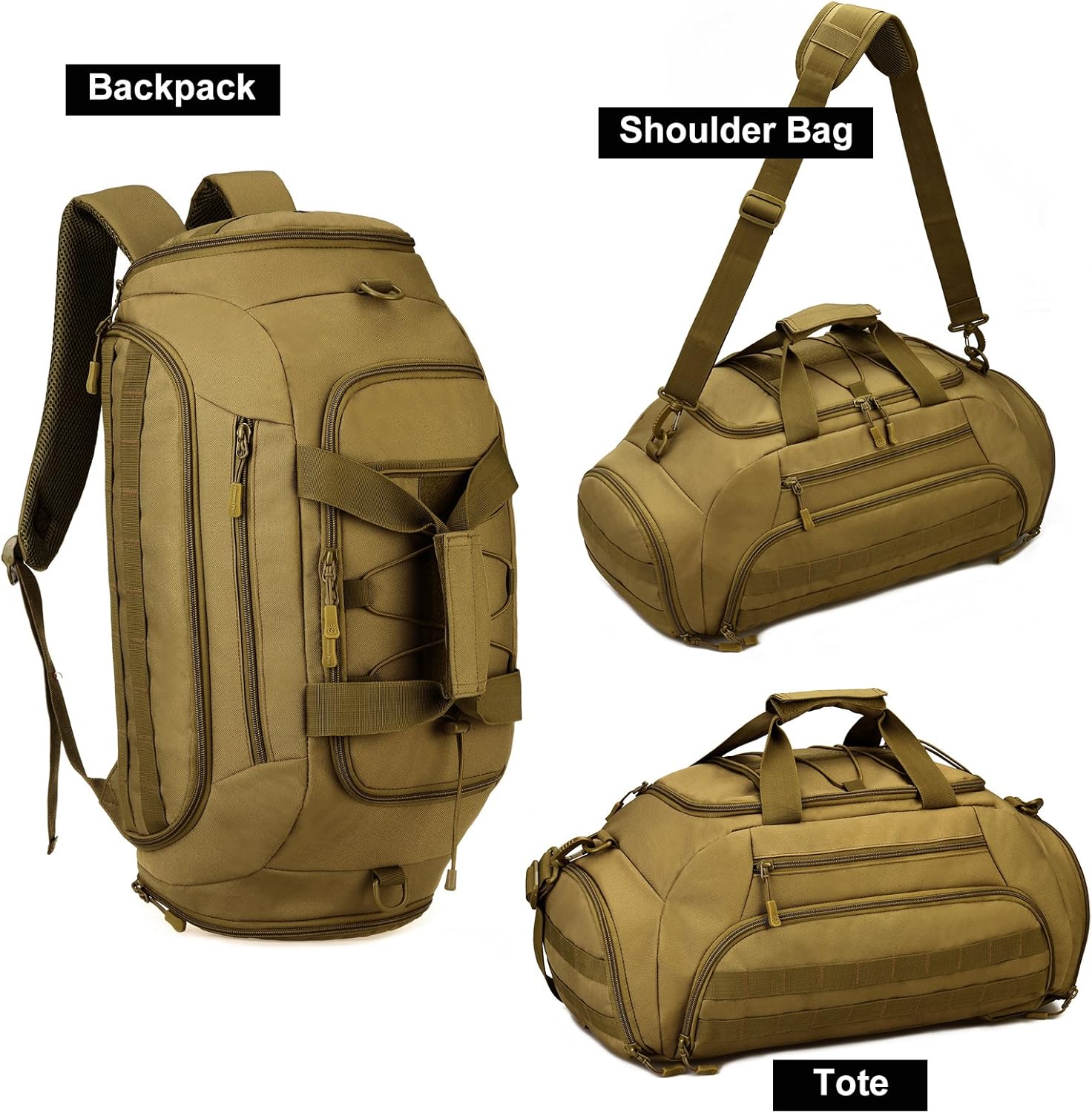 UNISTRENGH 3-Ways Tactical Military Nylon Men Holdall Weekend Travel Duffel Bag Backpack Messenger Shoulder Bags Rucksack Handbag (Coyote Brown)