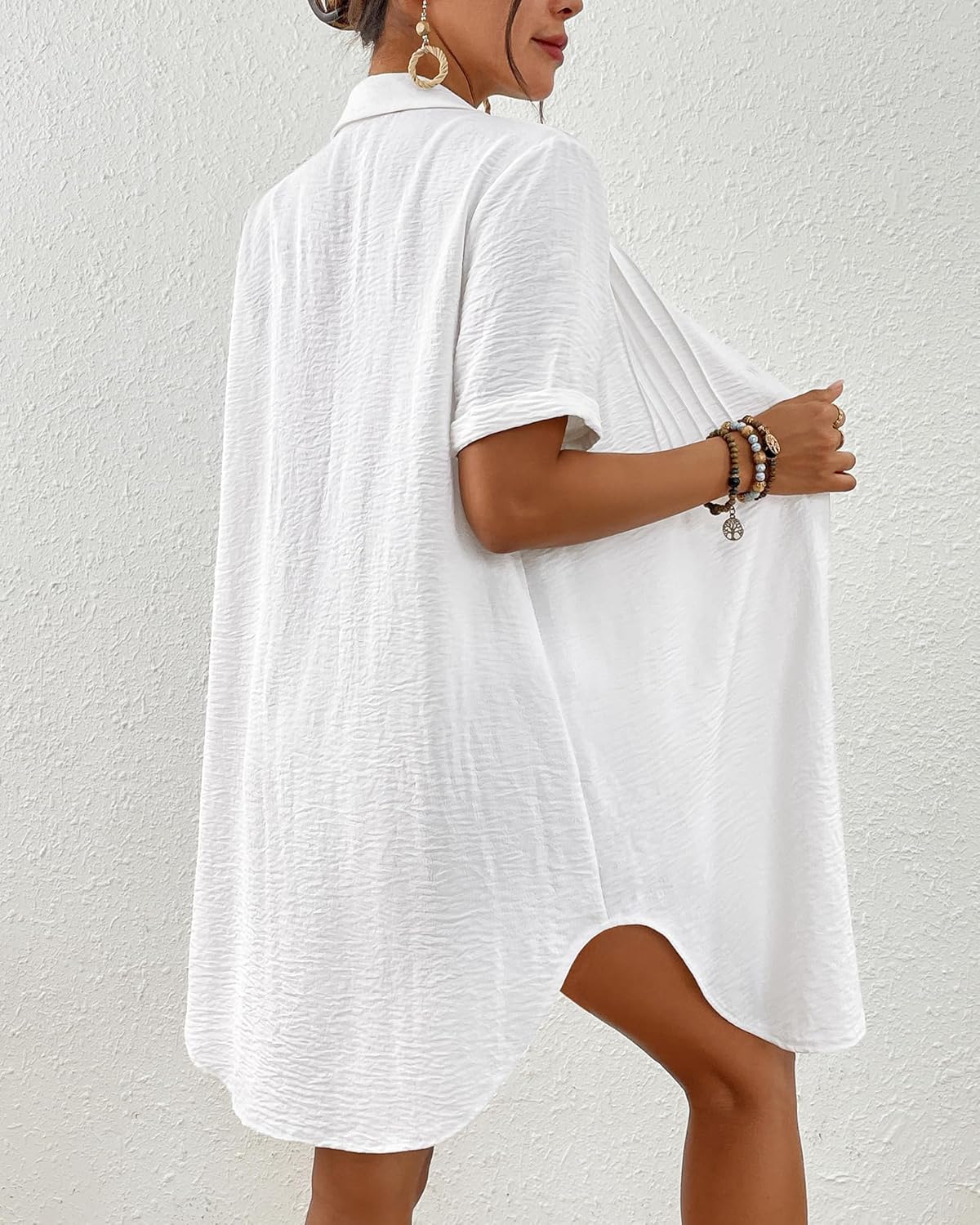 Bsubseach Swimsuit Coverup for Women V Neck Bathing Suit Cover Up Short Sleeve Causal Bikini Button Down Shirt - Image 3