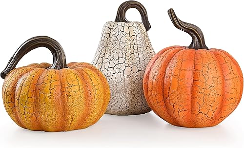 Valery Madelyn Fall Decorations for Home, Fall Pumpkin Decor, Resin Cracked Pumpkin Decorations Indoor, 3pcs Pumpkins for Decorating, Autumn