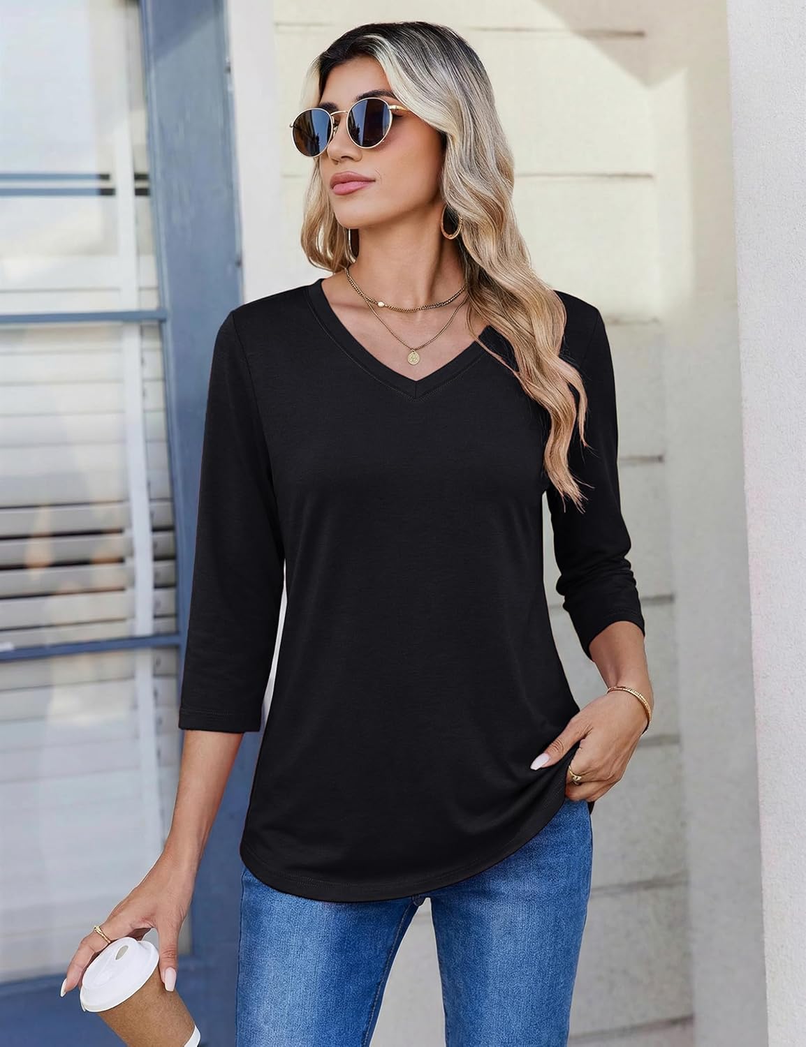 YUCOLEN 3/4 Length Sleeve Womens Tops V Neck T Shirts Dressy Casual Blouses for Women Summer Clothes Cotton Basic Tees - Image 3