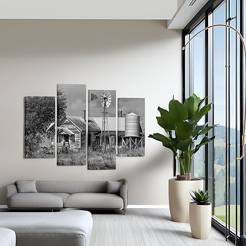 Miniatura 5 de Nachic Wall Lienzo de 4 piezas en blanco y negro de Texas, pintura de granja, campo, granero, molino de viento, paisaje, póster para el hogar, sala