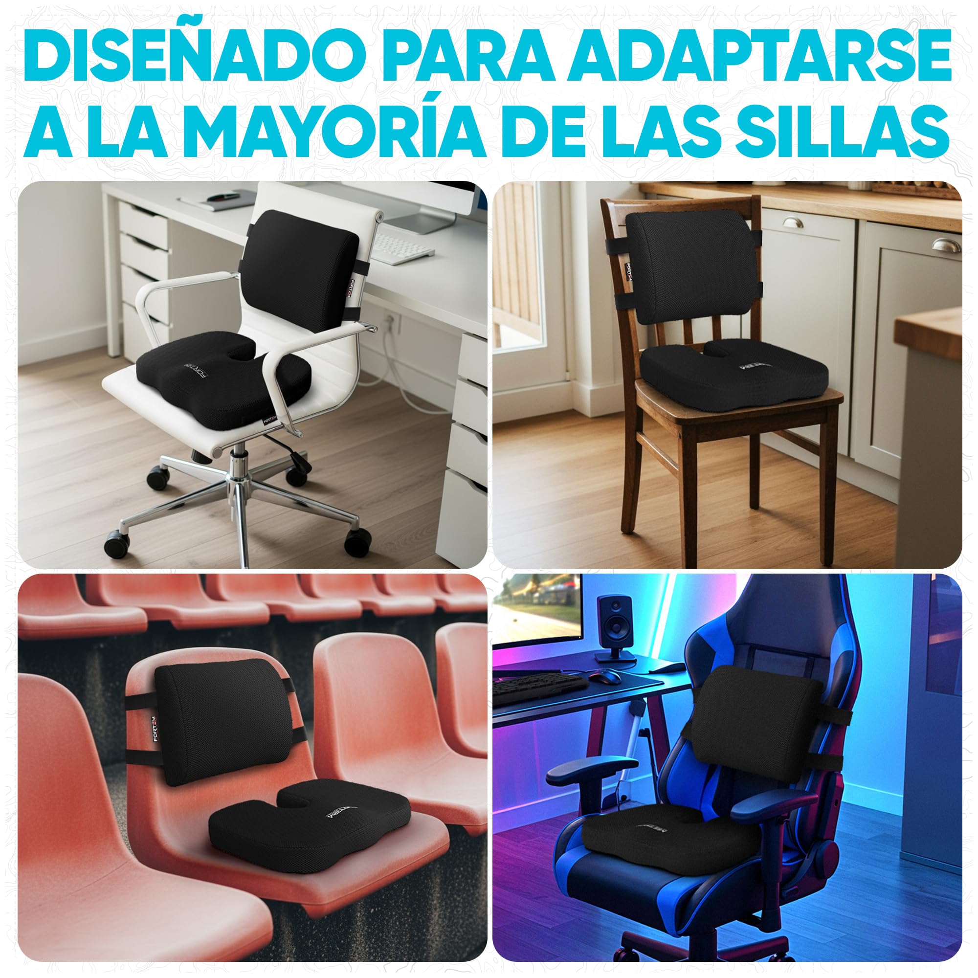 FORTEM Pack Cojín Silla Oficina y Almohada Lumbar - Cojín para Silla Ordenador en Forma De U y Almohada Lumbar con Espuma Viscoelástica para Asiento Coche, Gaming, Trabajo - Fundas Lavables
