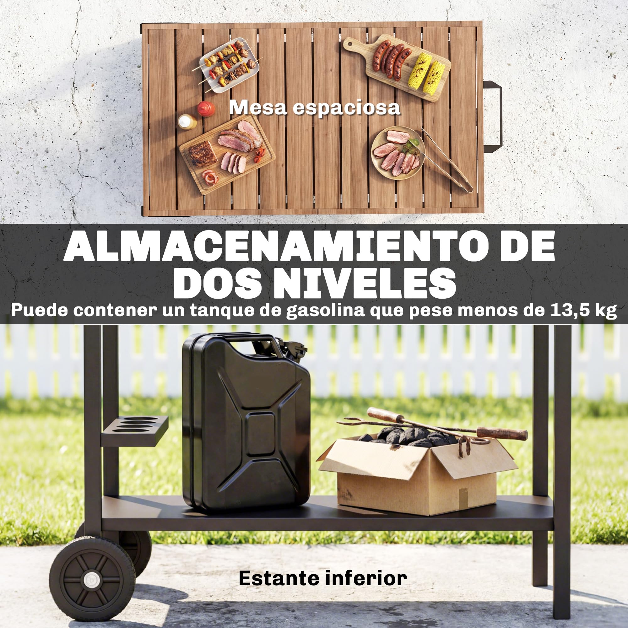 Outsunny Carrito de Barbacoa de 2 Niveles Mesa Auxiliar para Barbacoa Móvil con Ruedas Portabebidas Ganchos Asa Encimera Imitación Madera Mesa de Horno de Pizza para Exterior Negro y Marrón