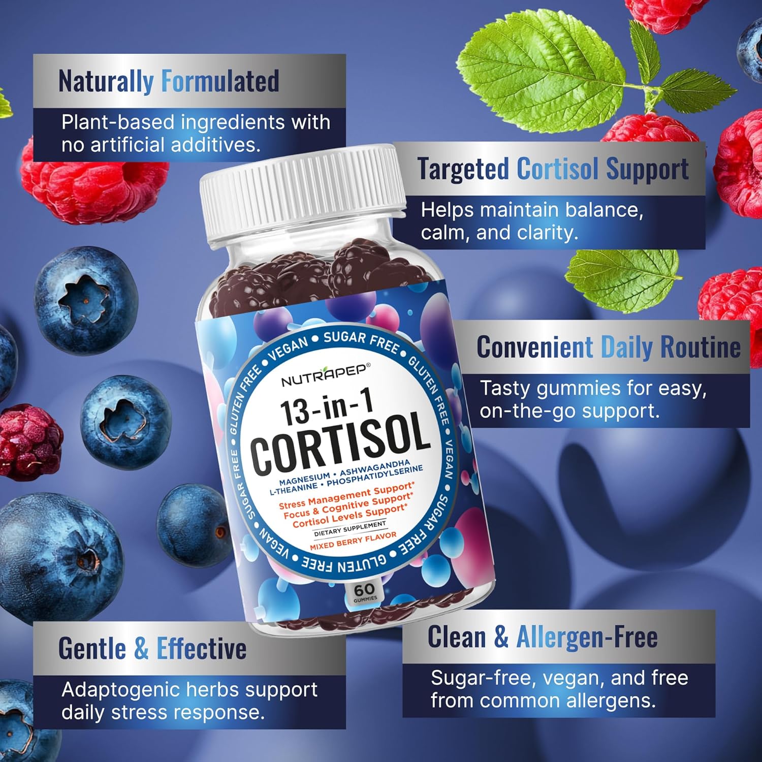 Cortisol Gummies for Women Men - 13-in-1 High Cortisol Reducer with Ashwagandha Magnesium L-theanine Rhodiola Rosea - Daily Cortisol Detox Manager for Stress Focus Support - Vegan Sugar Free - Image 4