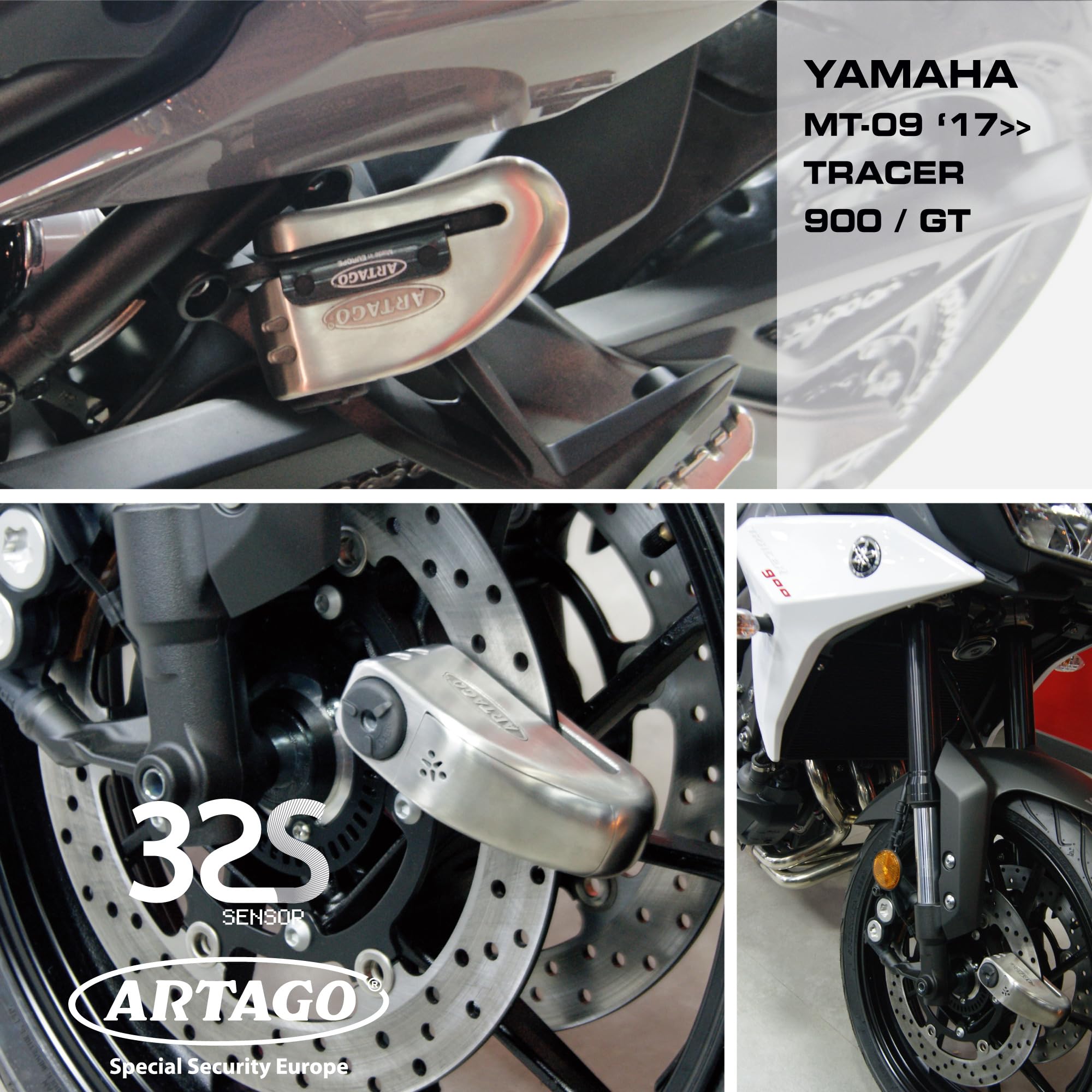 ARTAGO 32S6 Pack Antivol Bloque-Disque avec Alarme 120db Haute Sécurité + Support pour Yamaha MT-09 et Tracer 900, Homologué SRA