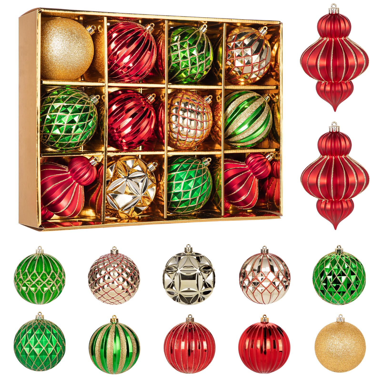 Weihnachtskugel-Ornament-Set, 10,2 cm, groß, bruchsicher, Kunststoff, Christbaumkugel, hängende Ornamente für Weihnachtsbaum, Hochzeit, Party, Urlaub, Dekorationen, Rot, Grün, Gold, 12 Stück