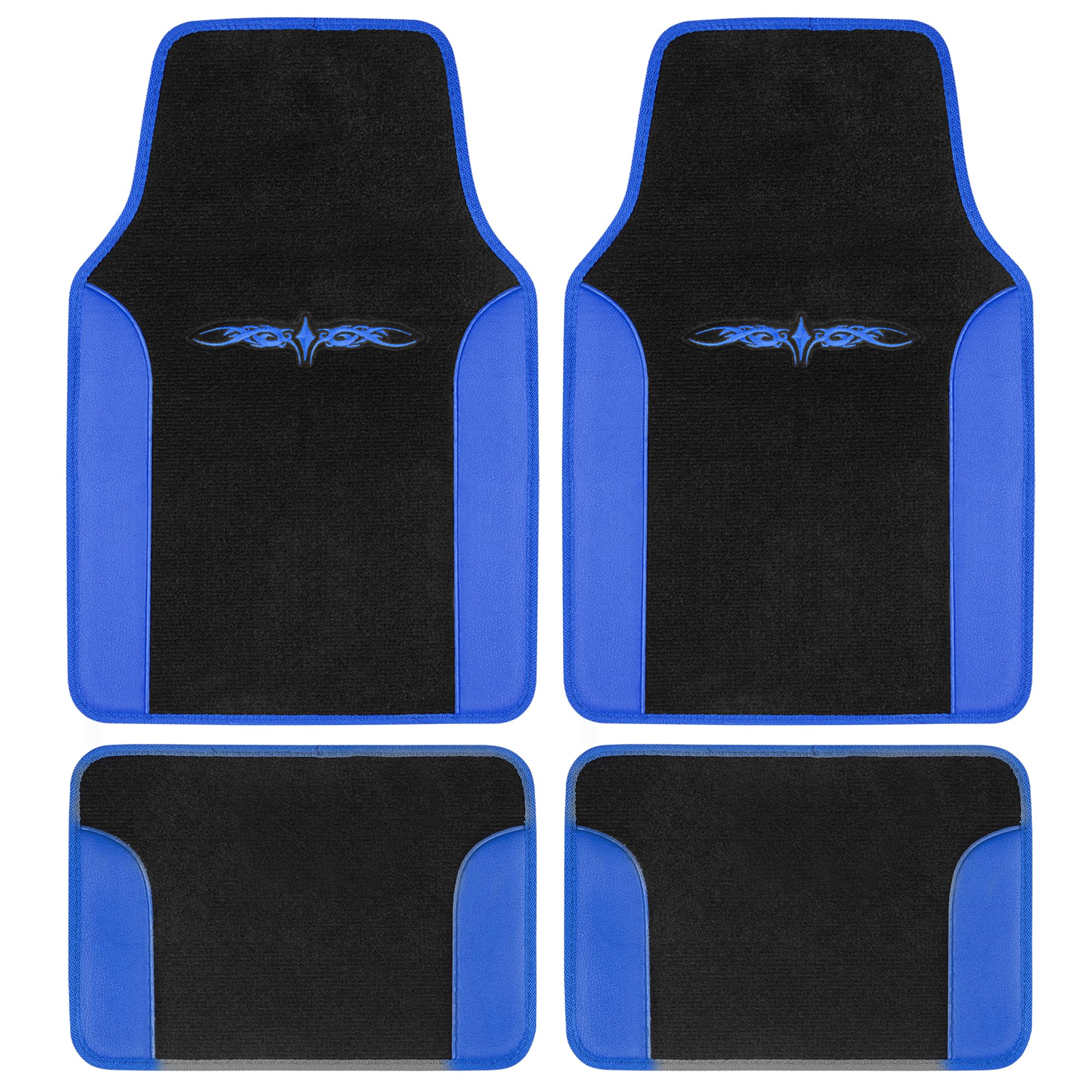 BDK Fresh Carpet Floor Mats, Color Tribal Tattoo Design Vinyl Trim for Car Sedan Truck SUV, Front & Rear Set of 4 Universal Fit, Tattoo Blue (MT-201-BL)