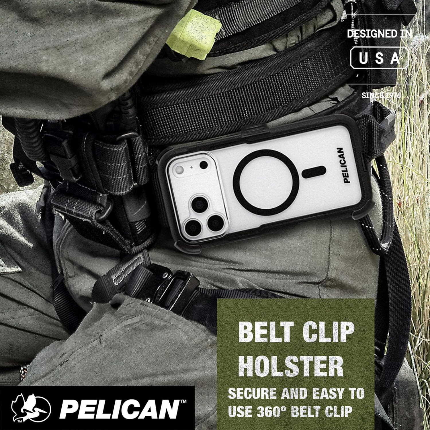 Pelican Voyager iPhone 17 Pro Max Case [Compatible with MagSafe] Rugged Phone Case, 24ft Military-Grade Drop Protection - Heavy Duty Cover w/Belt Clip Holster for iPhone 17 Pro Max - Black/Clear