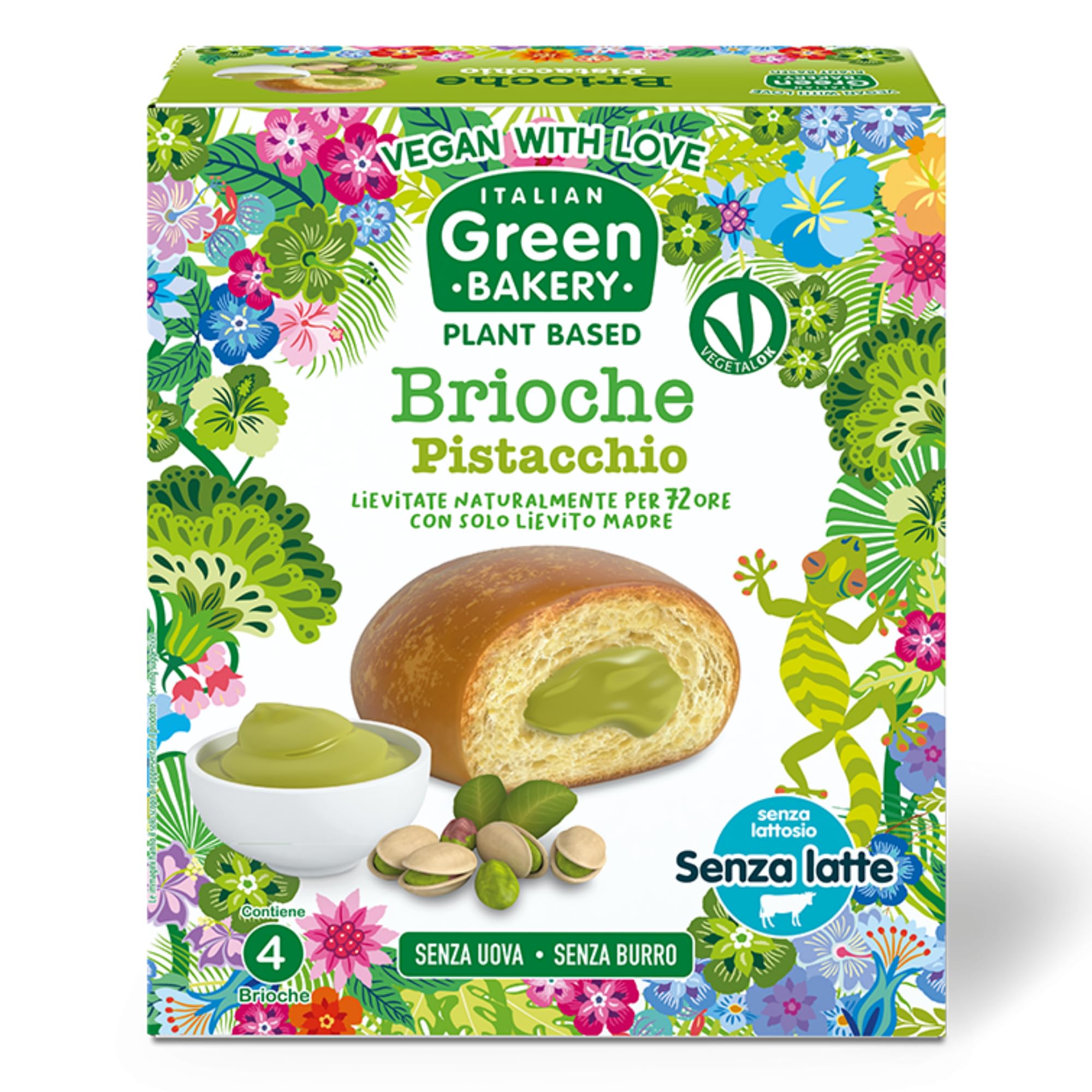 Brioches véganes garnies à la Crème de Pistache, Sans Lait ni Œufs, En-cas artisanaux Plant Based au Levain, 45 g x 24 pcs (6 Paquets) - Vegan With Love Italian Green Bakery