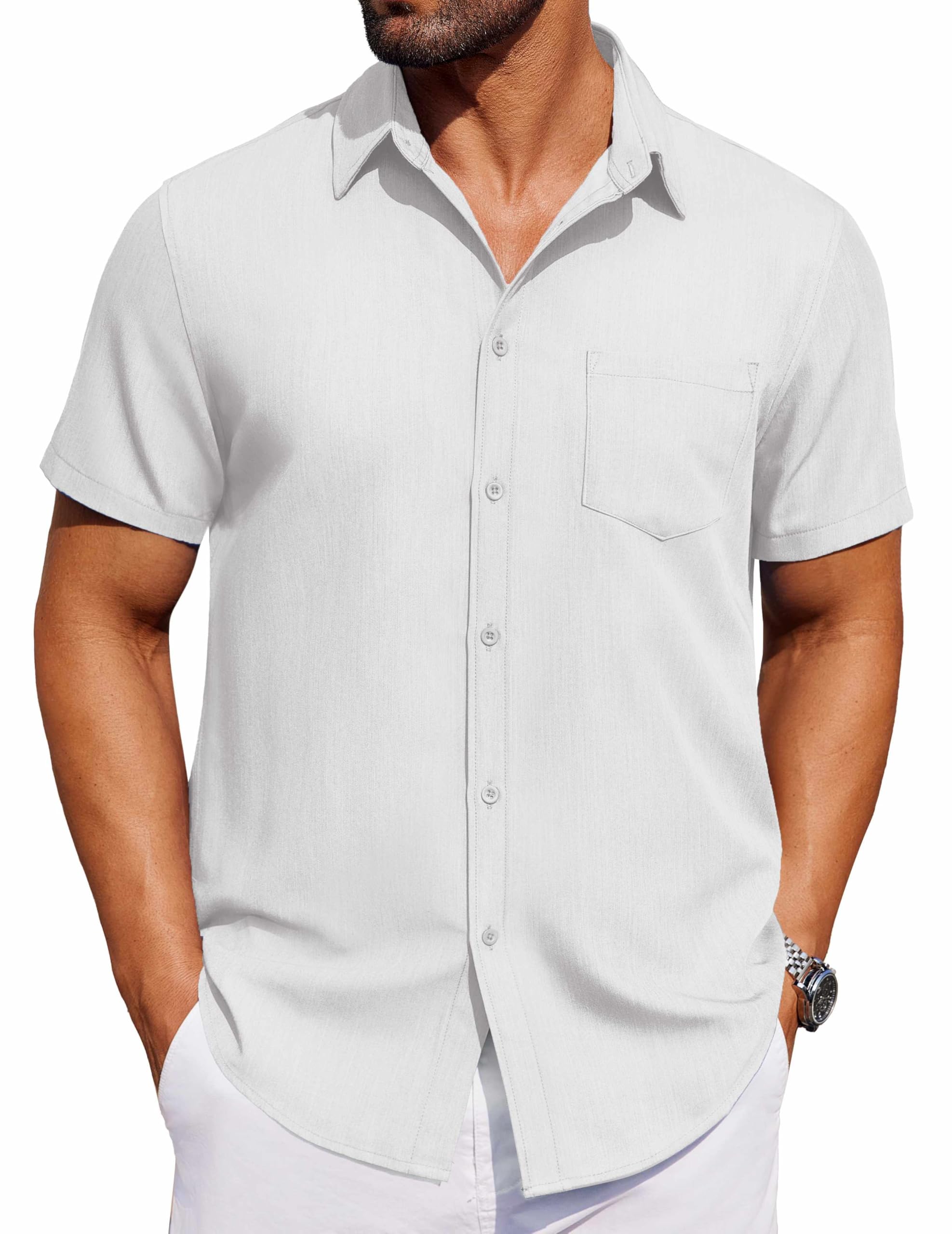 COOFANDY Men's Short Sleeve Button Down Shirt Casual Untucked Dress Shirt Stretch Denim Shirt