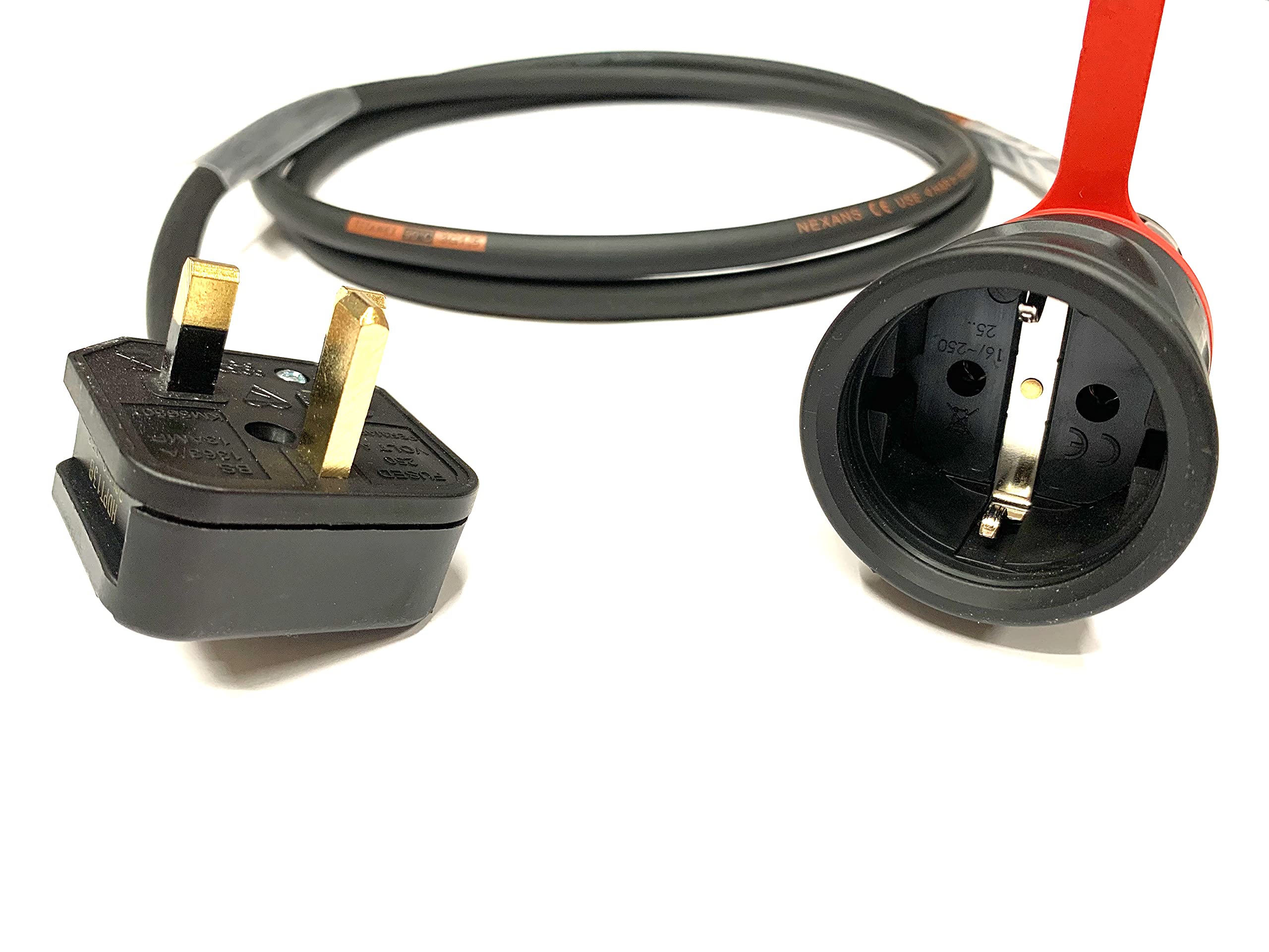 13Amp UK Plug to European Schuko 240Volt 2 Pin IP44 Socket Adaptor - PCE Black/Red - Heavy Duty H07RN-F Rubber Extension Cable - EU Adapter Converter Fly Lead (1 Metre)
