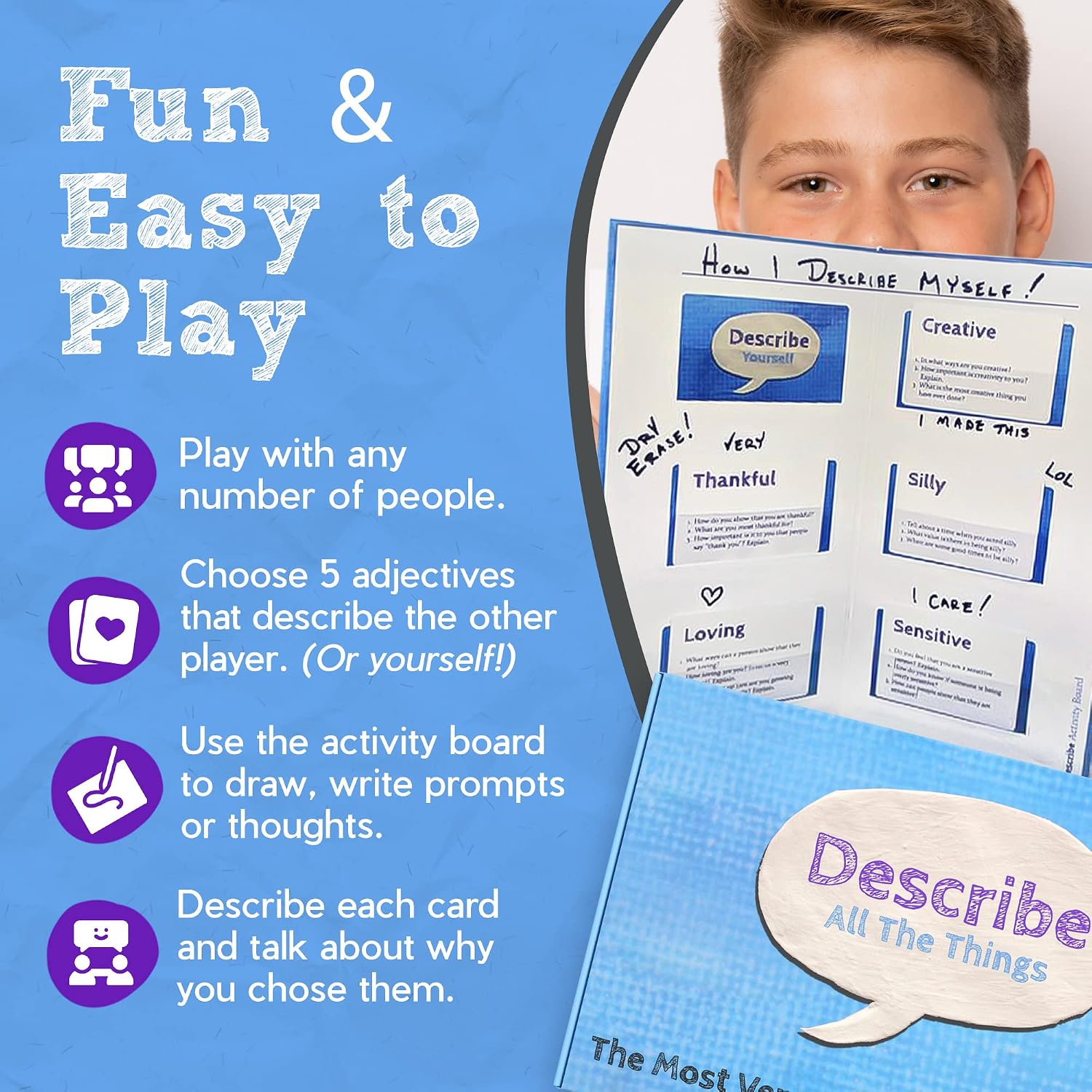 Describe Cards - All The Things Box, Over Two Dozen Games and Learning Activities for Families, Therapy, School, and More. Bundle Includes Deck One & Deck Two Conversation Cards with Activity Board.