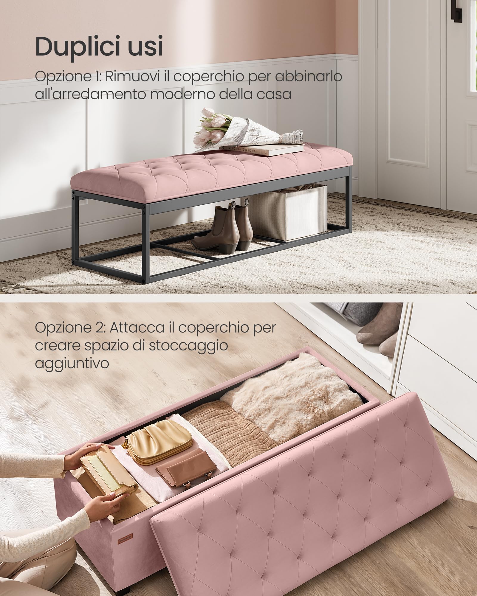 SONGMICS Cassapanca, Pouf Contenitore, Poggiapiedi 40 x 110 x 39 cm, Ottomano con Gambe in Legno, Regge fino a 300 kg, per Soggiorno, Camera da Letto, Dormitorio, Rosa Pastello LSF089R01