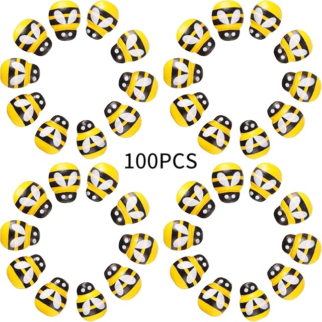 100 Pieces Tiny Wooden Bee Self Adhesive Bee Wooden Bee Wooden Stickers Bee for Embellish, Card Making, Decoration, Yellow