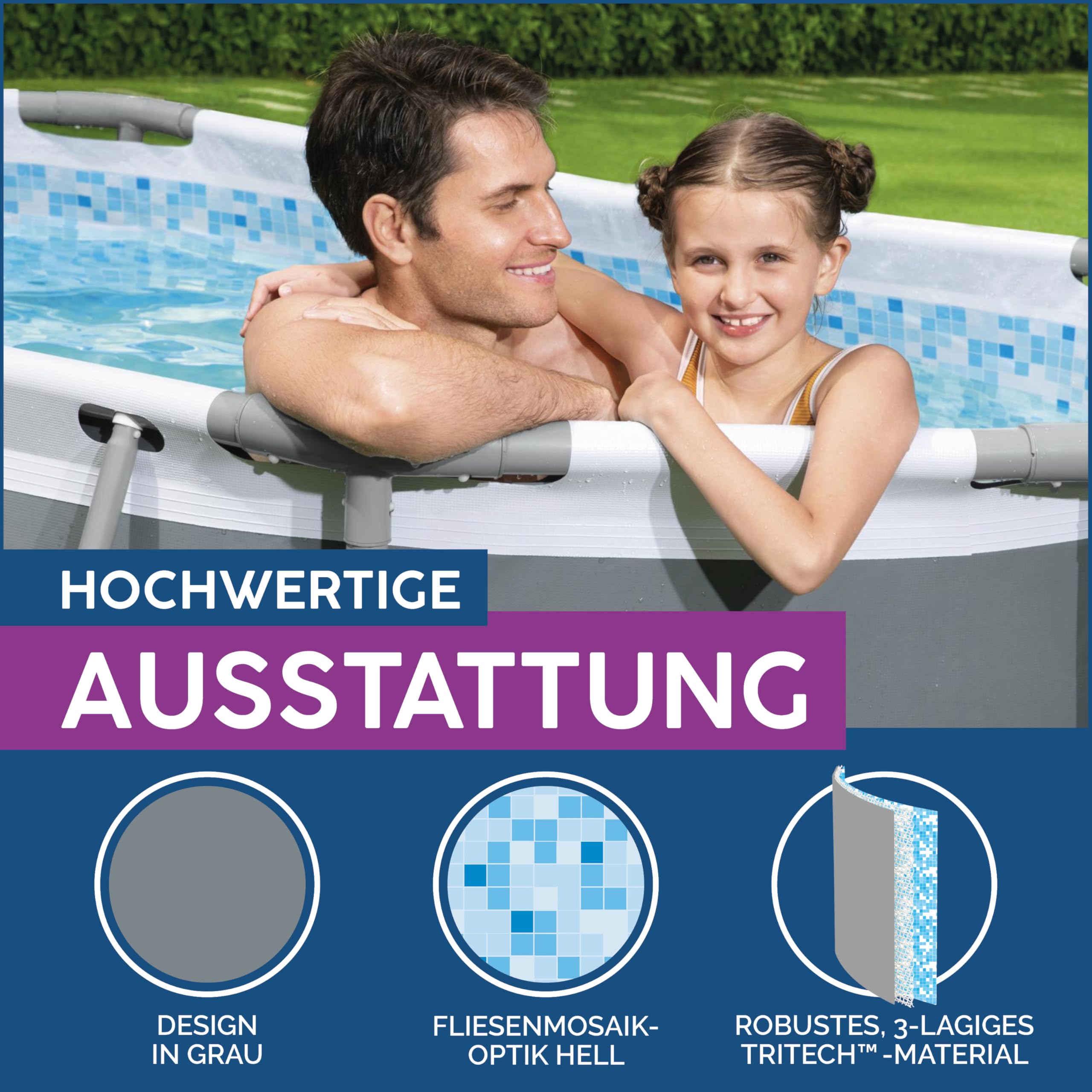 Bestway Power Steel Frame Pool Set oval 305 x 200 x 84 cm mit Filterpumpe grau