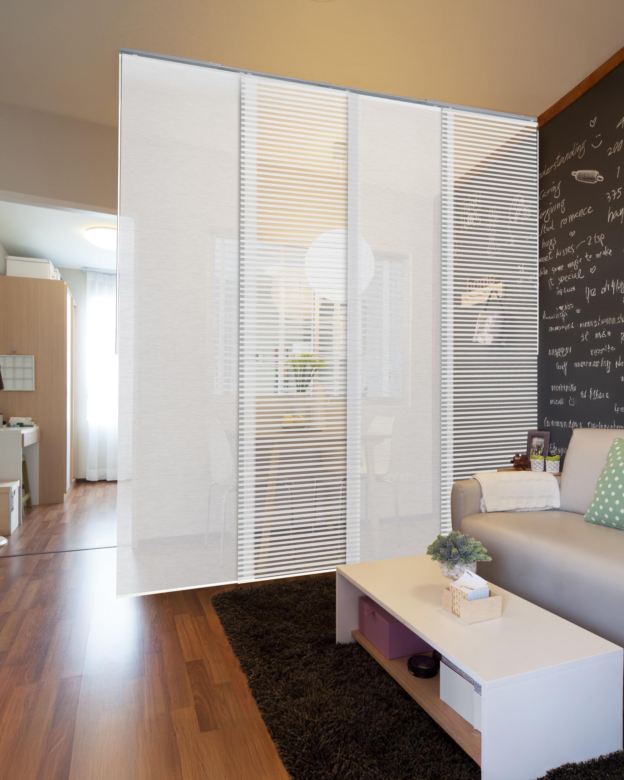 Adjustable Sliding Panel Hanging Room Dividers, Vertical Blind for Windows Doors, Extendable Track from 45.8" to 86" W, Trimmable Panel Curtains Up to 96", Semi-Sheer, Eclipse