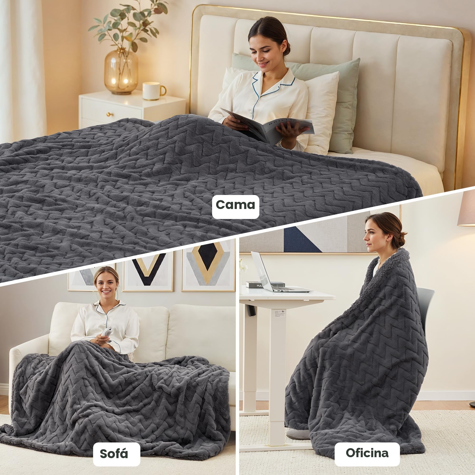 Manta Eléctrica Calefactora 130x180cm, 4 Niveles & Temporizador 10H Auto-Apagado, Lavable a Máquina, Suave Bunny Fleece & Sherpa, Calentamiento Corporal Completo, Uso Sofá Cama Oficina (Gris Oscuro)