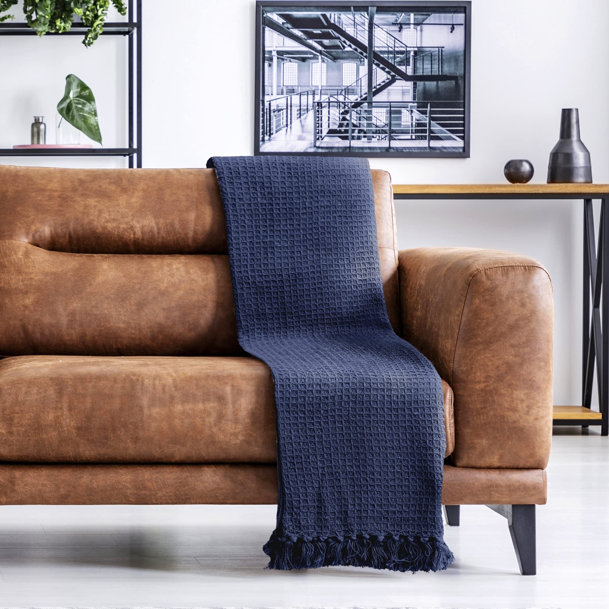 Emma Barclay Honeycomb - Recycled Cotton Plain Waffle Textured Chair Sofa Setee Throw Over Blanket in Navy Blue - 50x60 (127x152cm) - Image 3