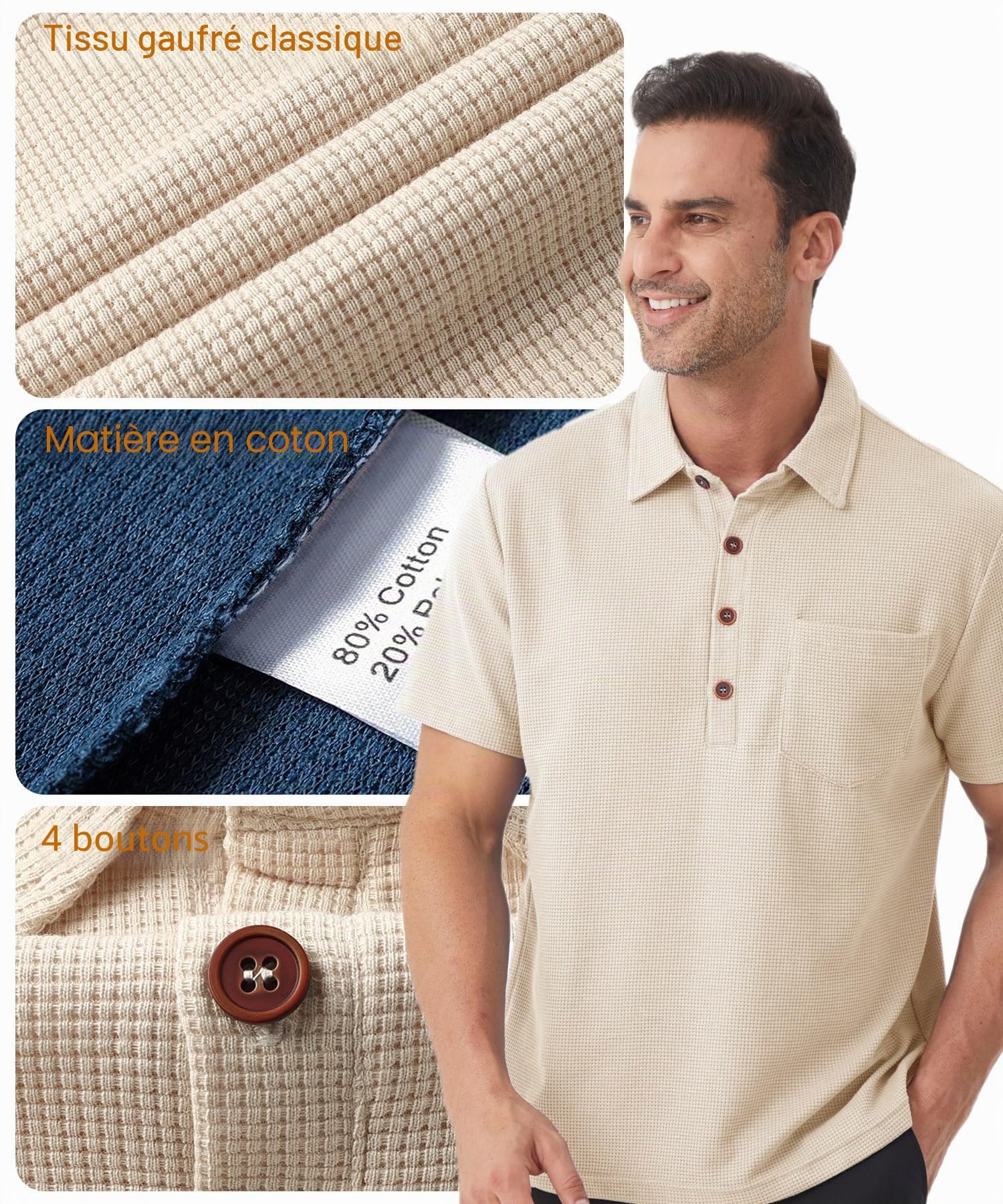 Polo Gaufre Coton Piqué T-Shirt Golf Tennis Polo à Manches Courtes avec Poche D'été