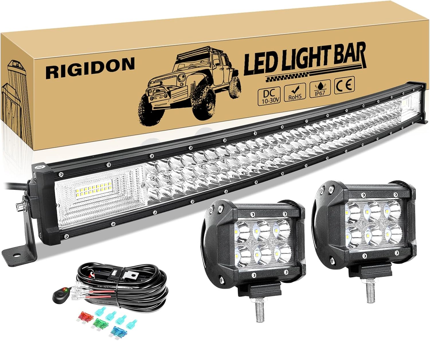 RIGIDON 32 Inch 405W Curved LED Light Bar Triple Row Flood Spot Combo 2PCS 4Inch 18W Spot LED Fog Light Waterproof with Work Light Wire Harness Kit for Driving Boat Off Road ATV UTV Truck