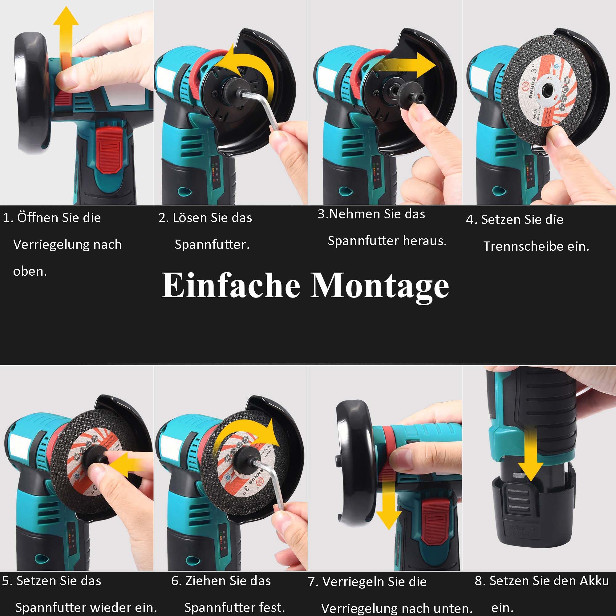 Mini Akku Winkelschleifer 12V, 76mm (3 Zoll) Bürstenloser Trennschleifer mit 2x 1500mAh Akku & 8 Scheiben, 19500 U/min Kabelloser Schneider, Elektrischer Multischleifer für Metall, Holz & Fliesen