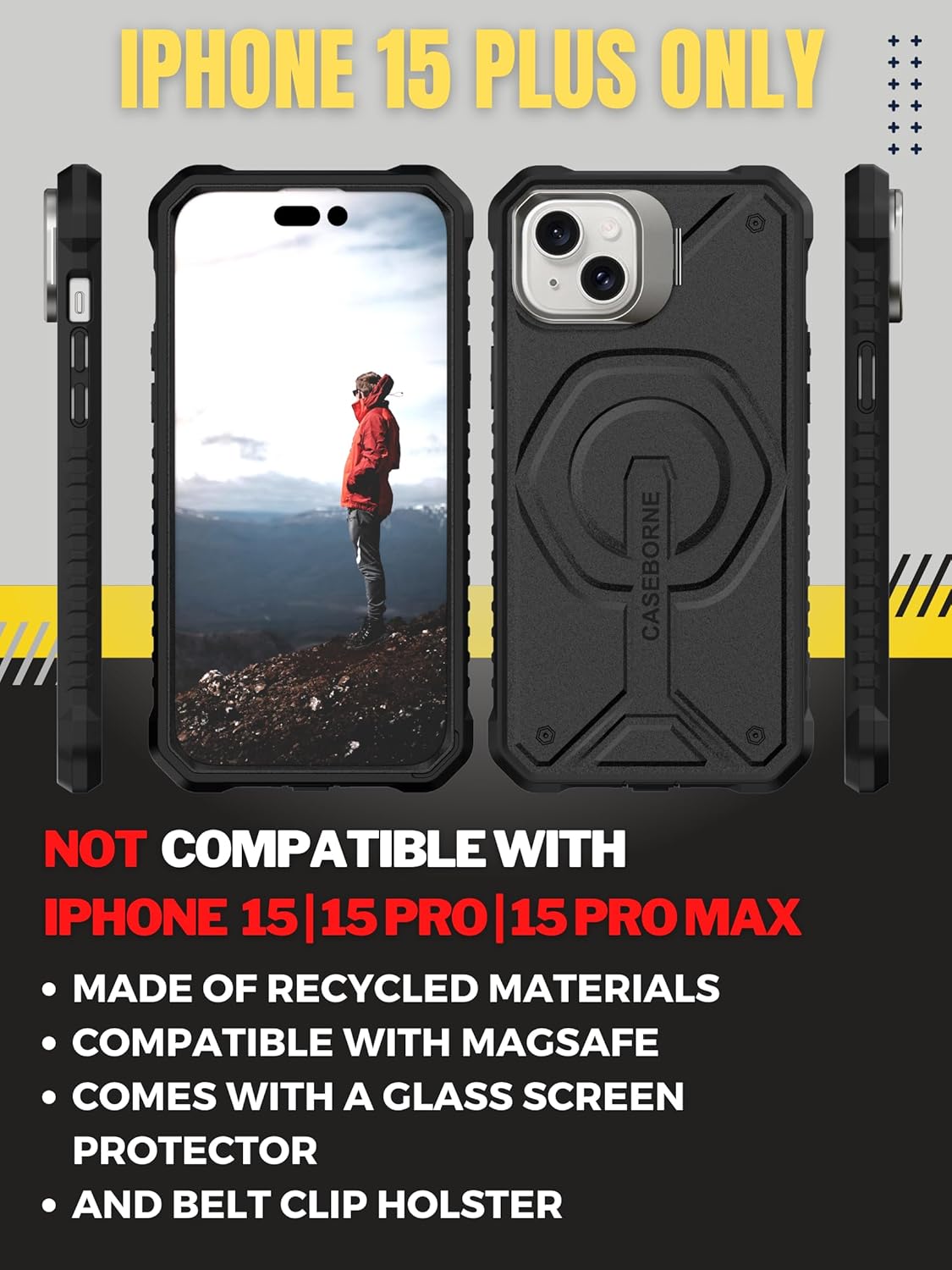 Caseborne Compatible with iPhone 15 Plus Protective Case - Compatible with MagSafe, Slim Yet Rugged with Tempered Glass Screen Protector, Includes Kickstand & Belt-Clip Holster - Black