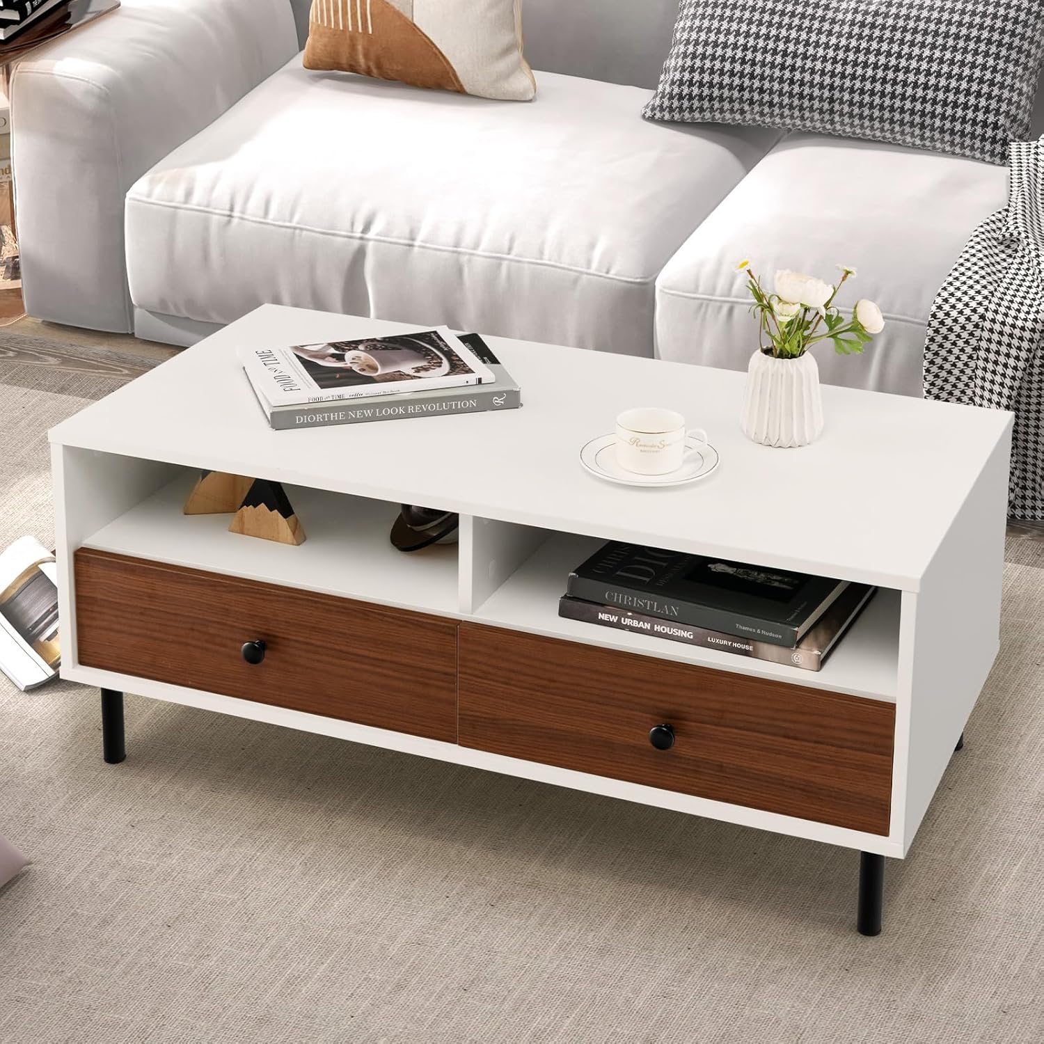Coffee Table, Modern Center Table w/Drawers & Storage Shelves, Wood Cocktail Table, Rectangular Sofa Side Table, White Accent Furniture, 40’’ TV Stand, Coffee Tables for Living Room, Bedroom