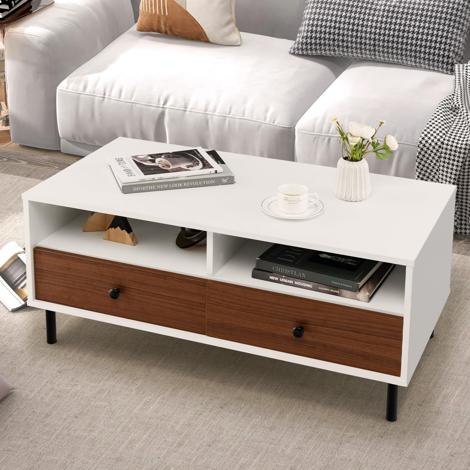 Coffee Table Modern Center Table w Drawers Storage Shelves Wood Cocktail Table Rectangular Sofa Side Table White Accent