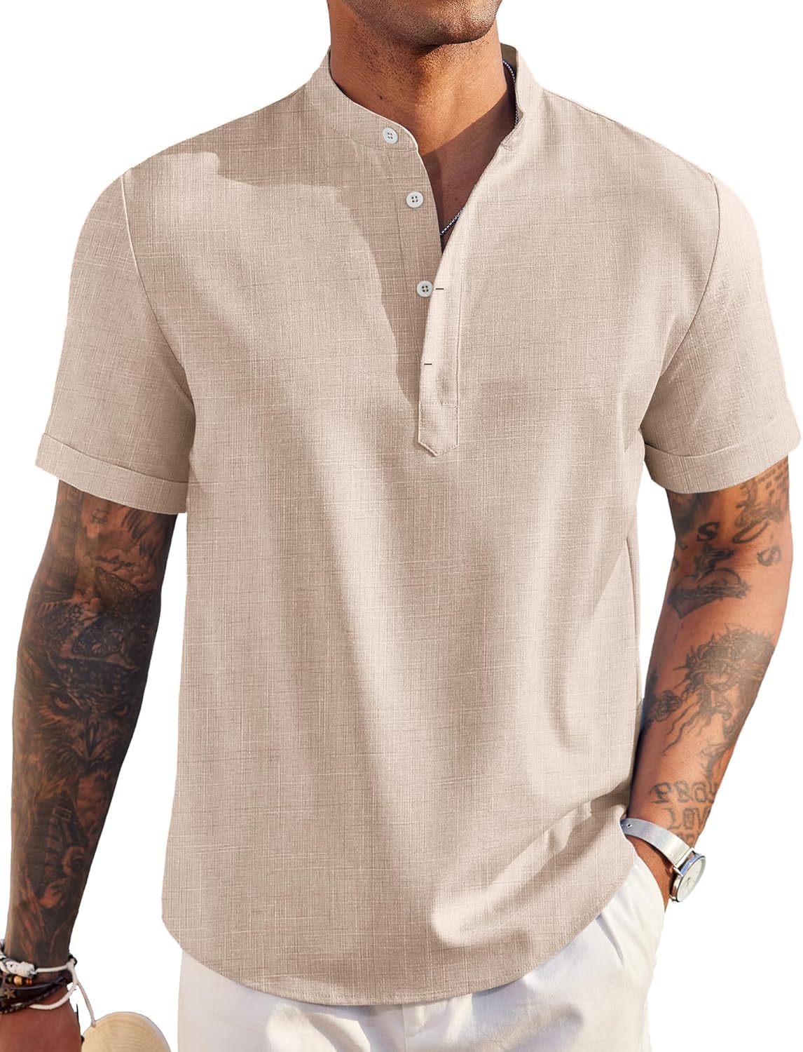 COOFANDY Men's Linen Henley Shirt Short Sleeve Casual Summer Beach Hippie T Shirts