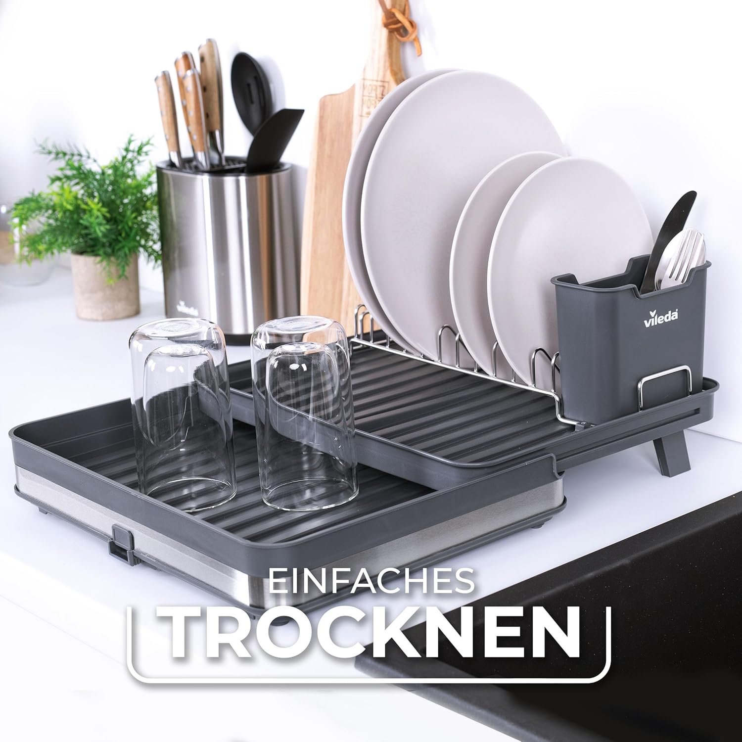 Vileda Dish Drainer – Space-Saving Design with Cutlery Holder – Extendable Dish Rack, Rustproof & Durable – Perfect for Plates, Glasses and Other Cutlery
