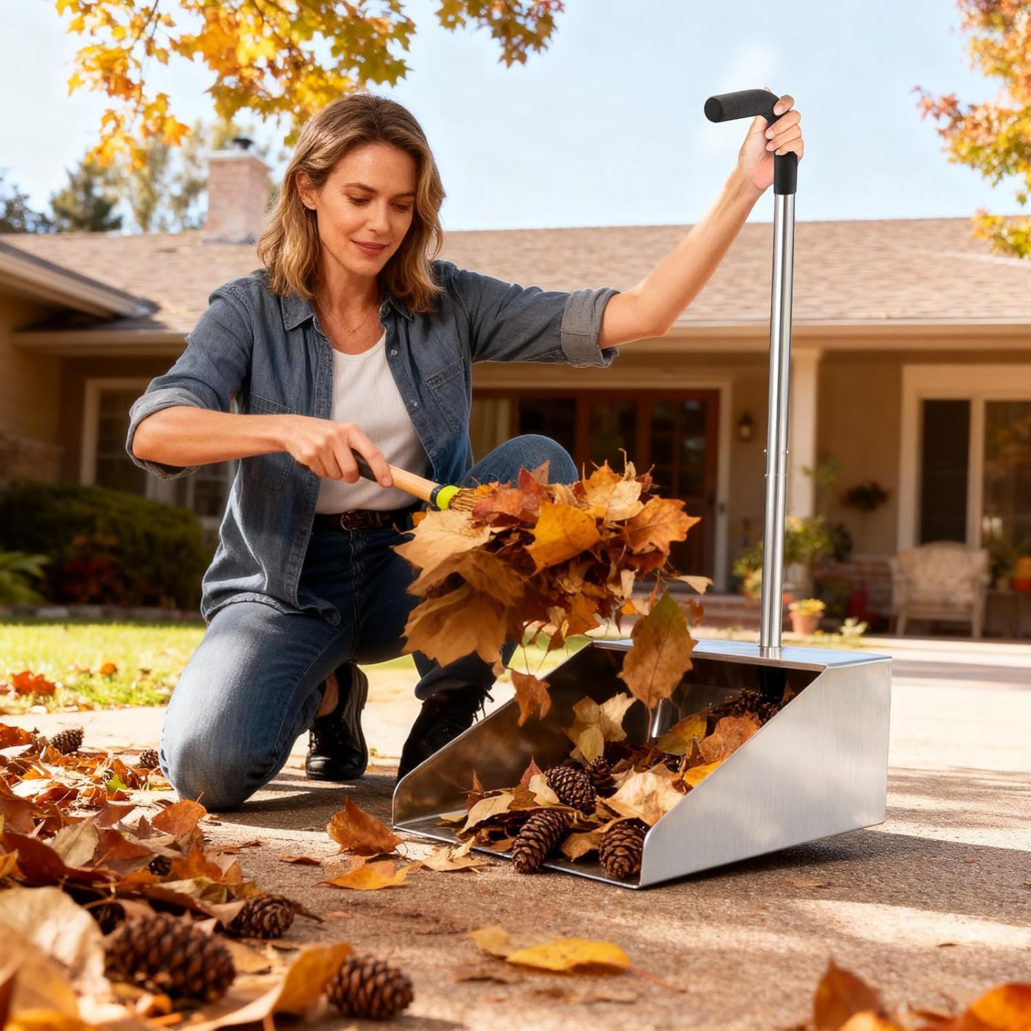 32In Extra Large Dust Pan with Long Handle,Heavy Duty Metal Dust Pan for Jumbo Debris Pan-Commercial Stand up Dustpan,Wide Mouth Outdoor Dustpan for Courtyards/Garage/Sidewalks-Professional Cleaning
