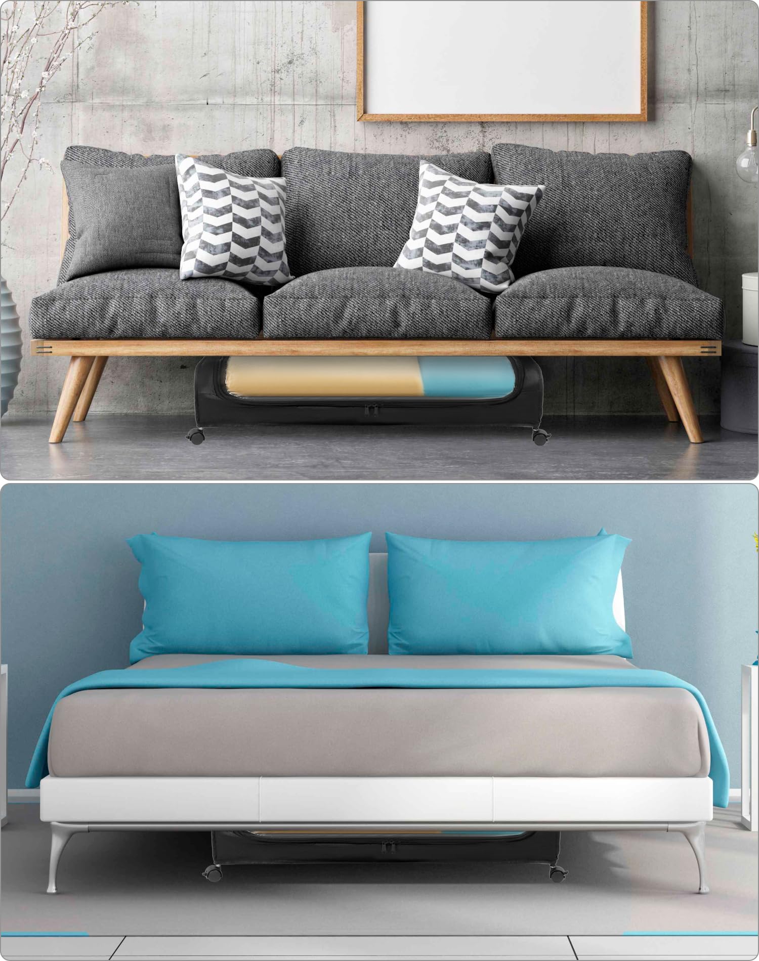 QWORK® Pack de 2 cajas de almacenaje debajo de la cama con ruedas, con tapa transparente y estructura de metal (80x40x18 cm)