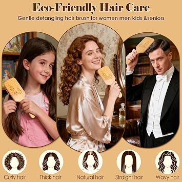 Hair Brush - Bamboo Wooden Paddle Brush, Massage Scalp Healthy Hair Growth | Plastic-free Eco-Friendly Natural Hairbrush for Women Men Kids for Curly Thick Thin Wet & Dry Hair, Minimise Frizz & Breakage