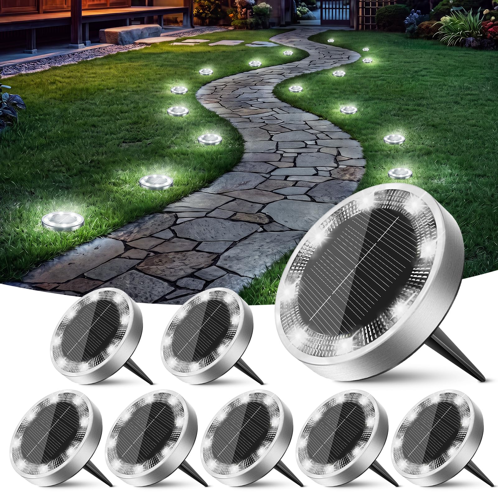 Peasur Solar Lights Outdoor Waterproof, 8 Pack Solar Powered Ground Lights Outdoor, IP68 Waterproof, Anti-Rust, Solar Garden Lights Landscape Lighting for Pathway Yard Lawn Walkway Driveway,Cool White