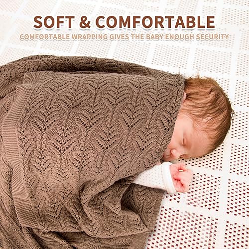 Miniatura 2 de Manta de bebé de punto neutro, mantas de algodón orgánico suave de ganchillo para niñas y niños, tamaño 43 x 35 pulgadas, color café claro